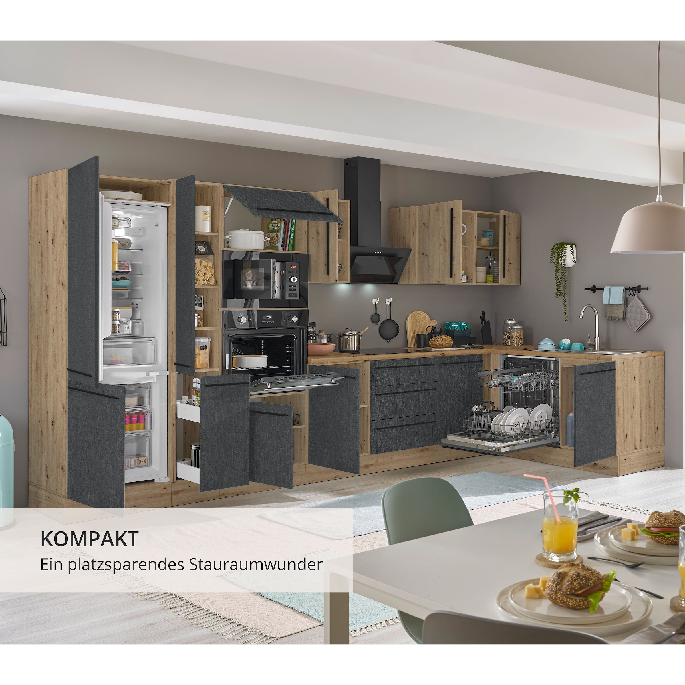 KOCHSTATION Winkelküche »Florida, Stellbreite 370x175 cm« wahlweise mit E-Geräten, mit Softclose für Türen und Schubkästen