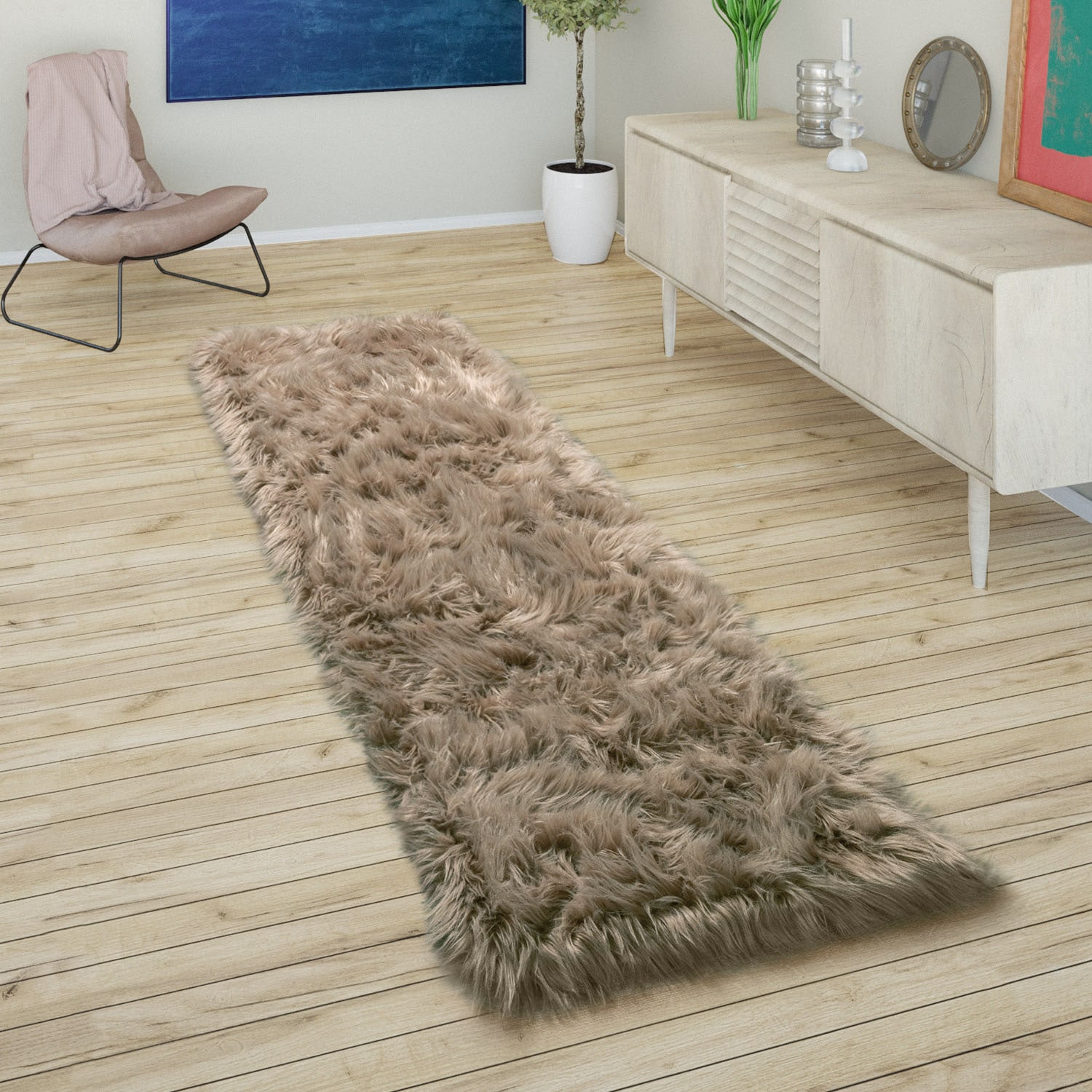 Paco Home Hochflor-Läufer "Playa 960", rechteckig, 64 mm Höhe, Läufer, Kunstfell, Flokati-Optik, weich und flauschig, Un