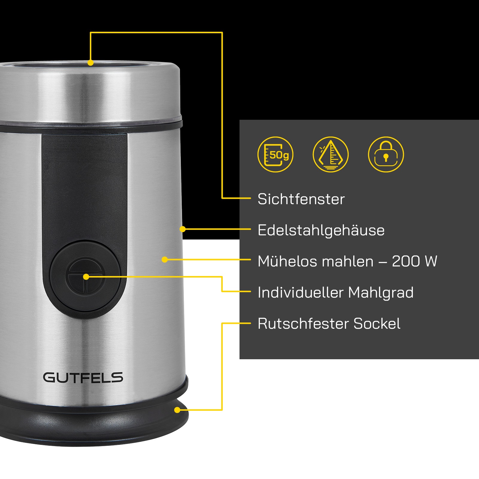 Gutfels Kaffeemühle »COFFEE5010«, 200 W, Schlagmesser, 50 g Bohnenbehälter, 50 g Kapazität, 200 Watt