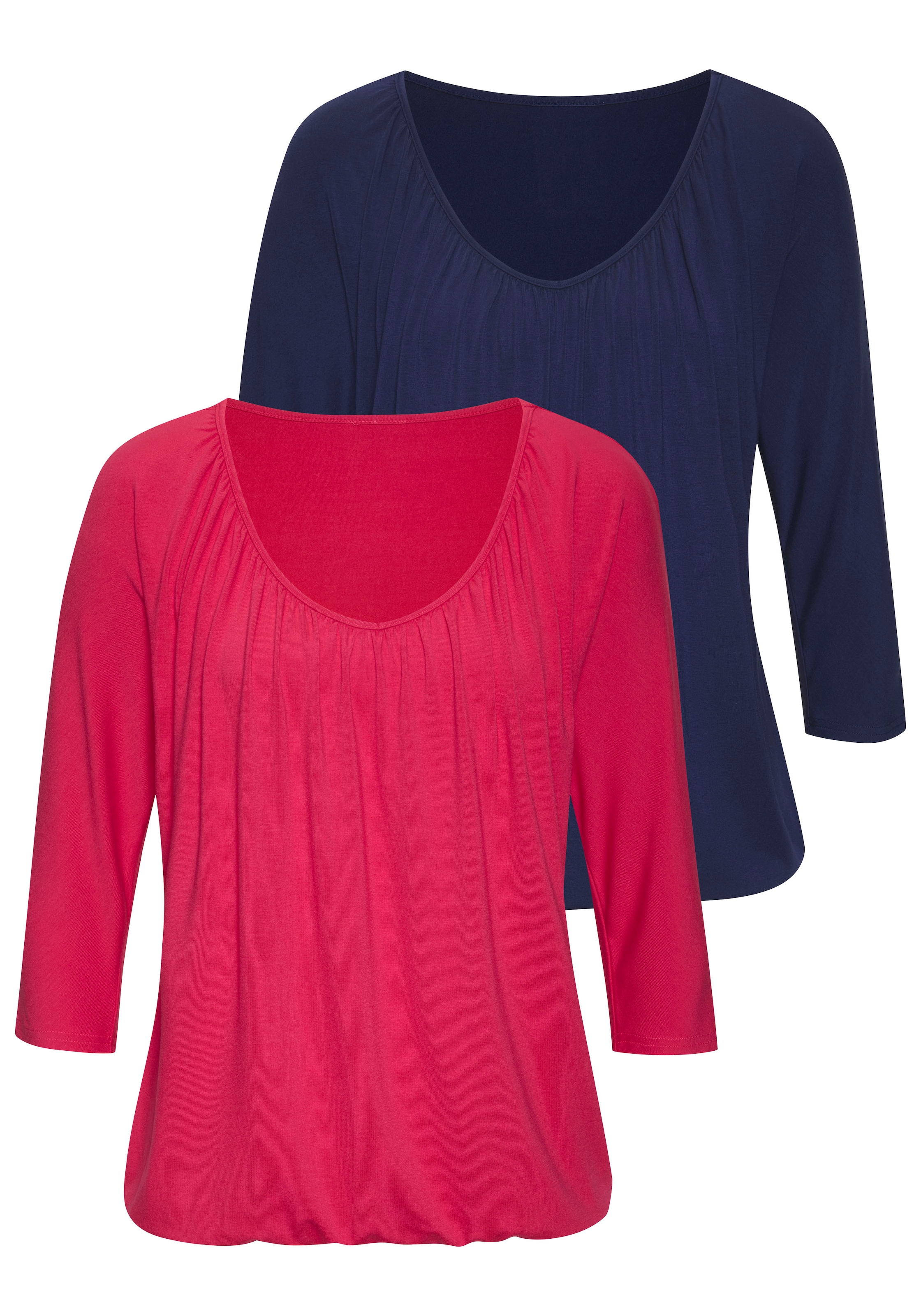 LASCANA 3/4-Arm-Shirt "mit zarter Raffung am Ausschnitt" 2er-Pack, aus luftigem Viskose-Stretch