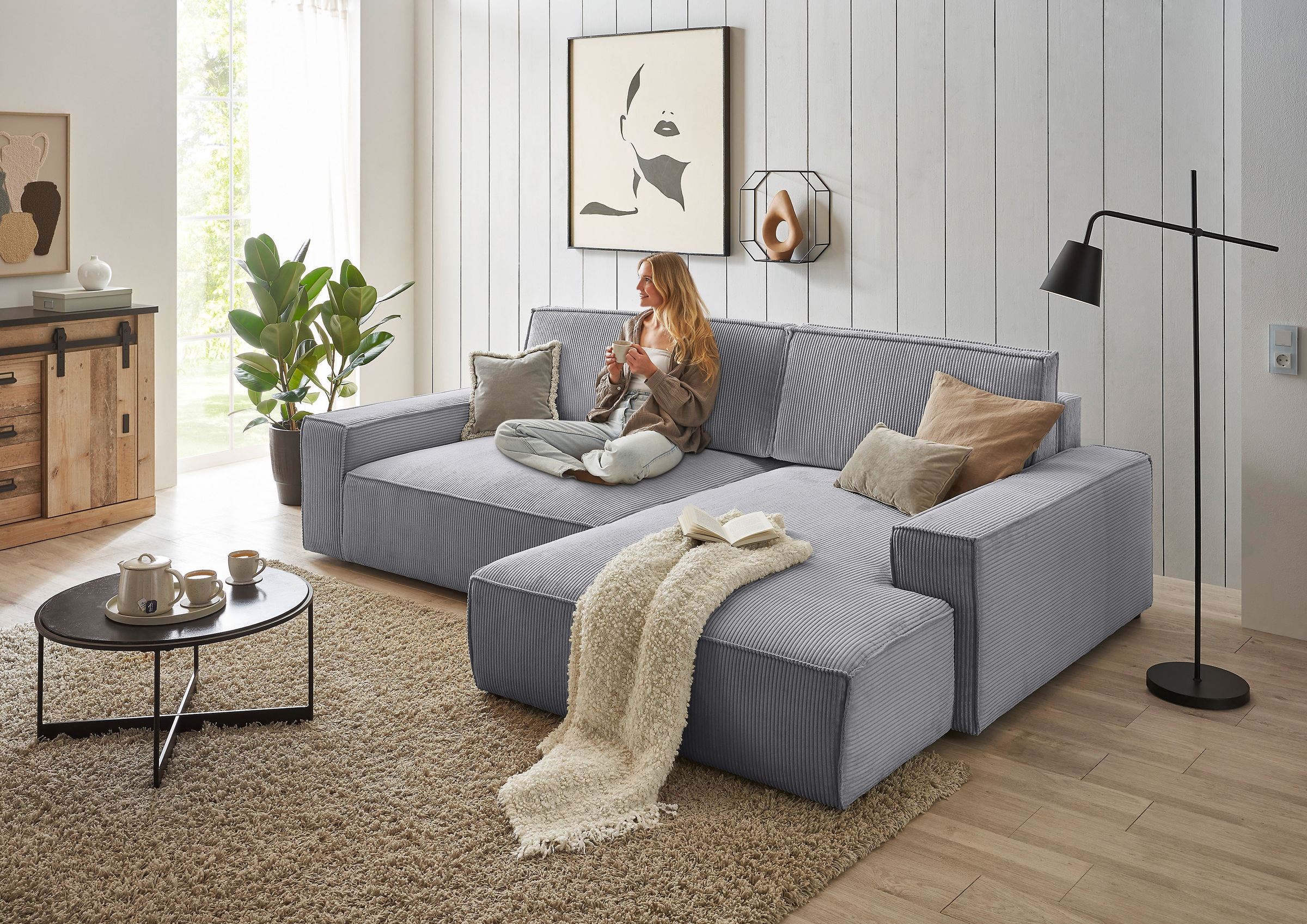 Home affaire Ecksofa »NEU: SHERWOOD XXL 284, Big-Sofa L-Form, tiefe Sitzfläche 95 cm, Cord«, Recamiere rechts/links, als Schlafsofa stellbar, Cord u. Leinenoptik