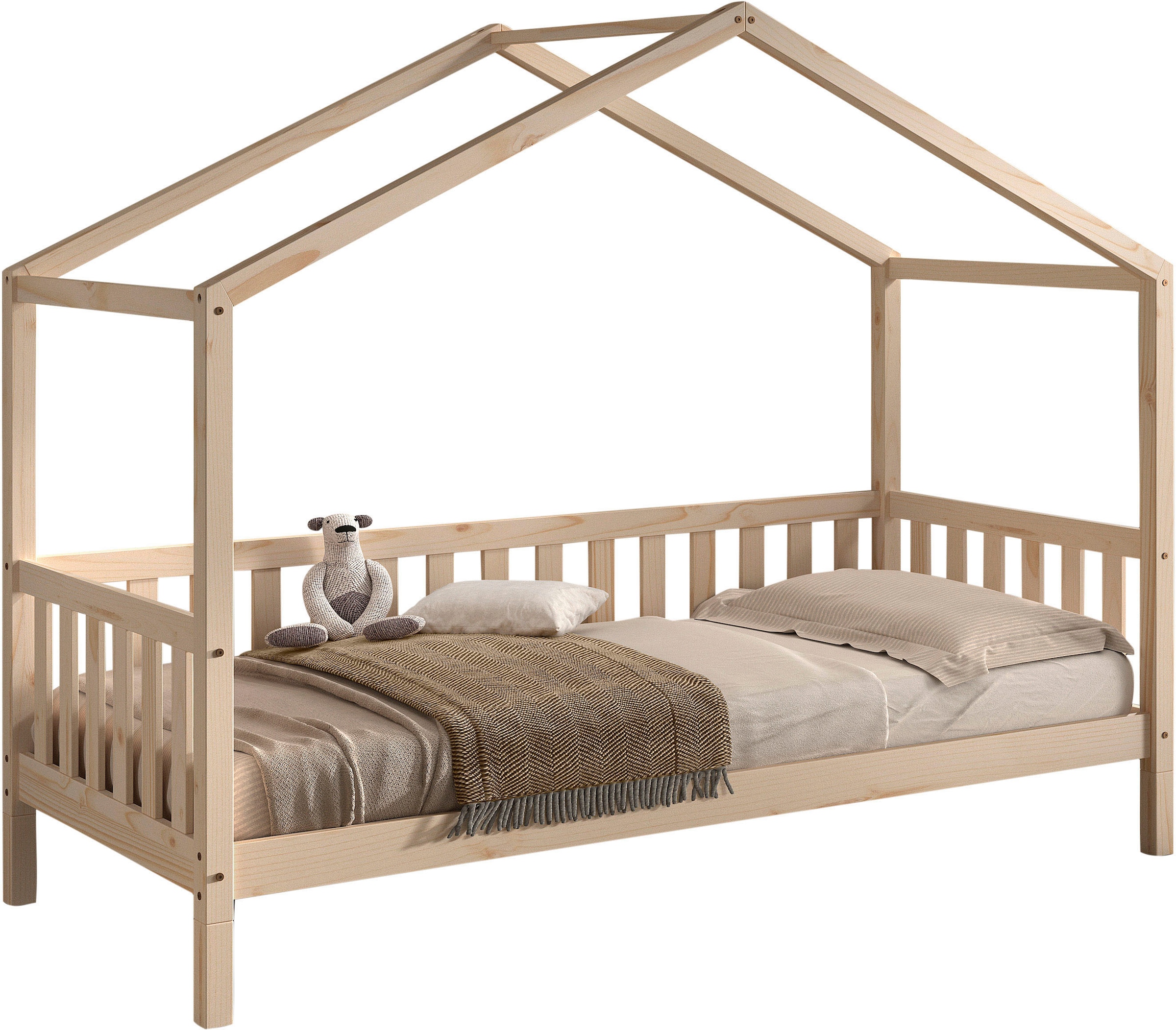 Vipack Hausbett "Dallas, Massivholzbett mit Dachaufbau umbaubar vom Boden- zum Daybett" inkl. Rolllattenrost und Sprossenumrandung, 90 oder 140x200 cm breit, stabil und standfest gebaut, wahlweise Kiefer massiv natur oder weiß