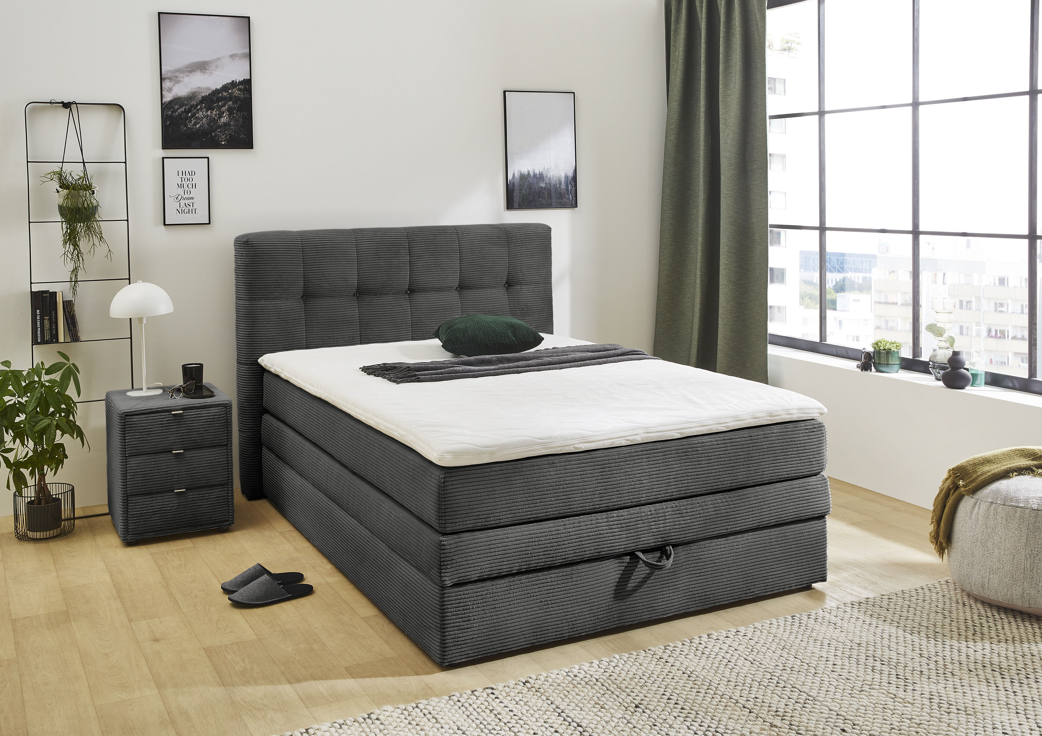 Jockenhöfer Gruppe Boxspringbett "AMY mit Bettkasten, inkl. Bonnell- oder Taschenfederkernmatratze H2-H4" mit 6 cm Kaltschaum-Topper, Cord-Bezug, 120x200 und 140x200 cm
