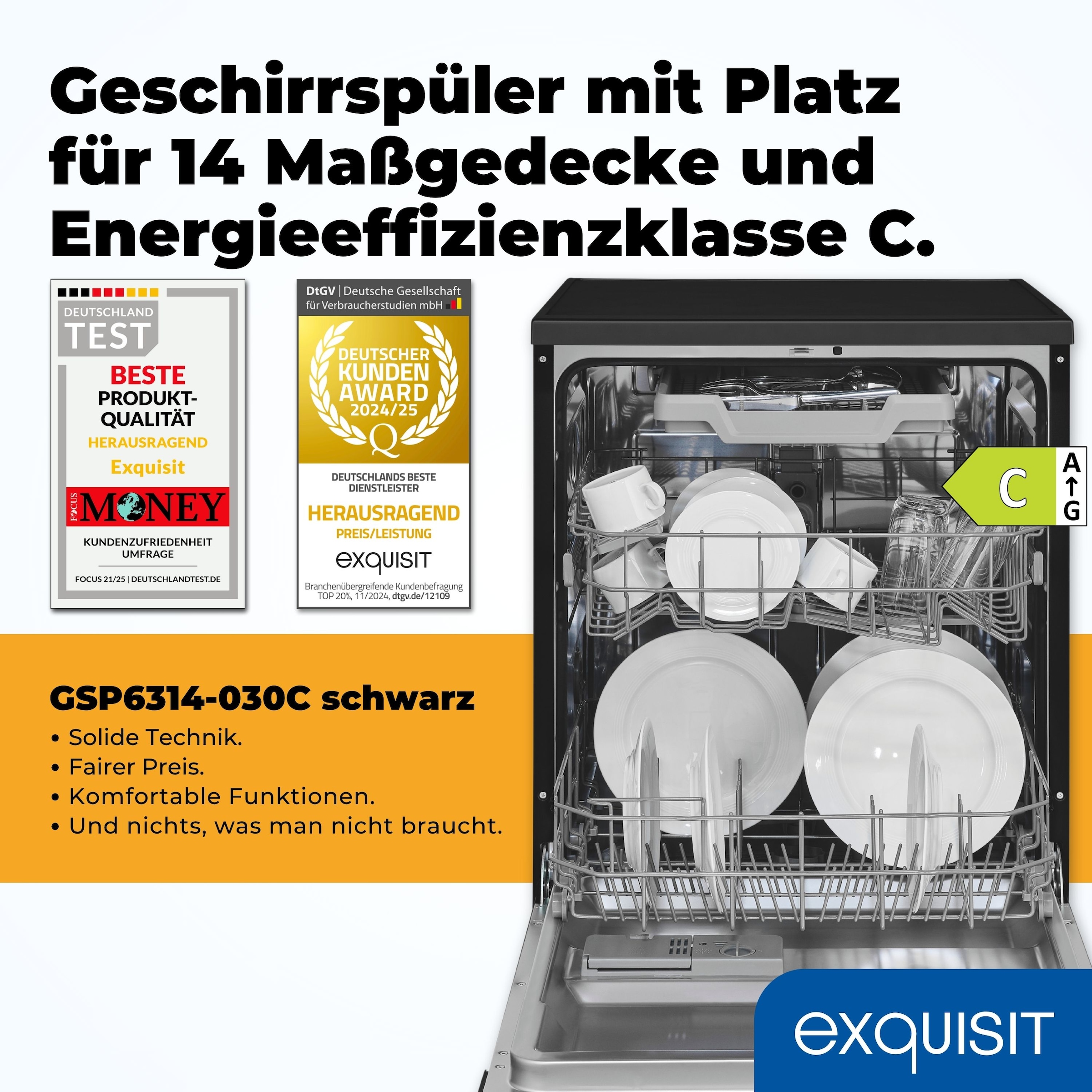 exquisit Standgeschirrspüler 6314 »GSP6314-030C schwarz« 10,2 l 14 tlg. Maßgedecke Effizient, leise, 14 Maßgedecke – smartes Spülen mit LED-Komfort