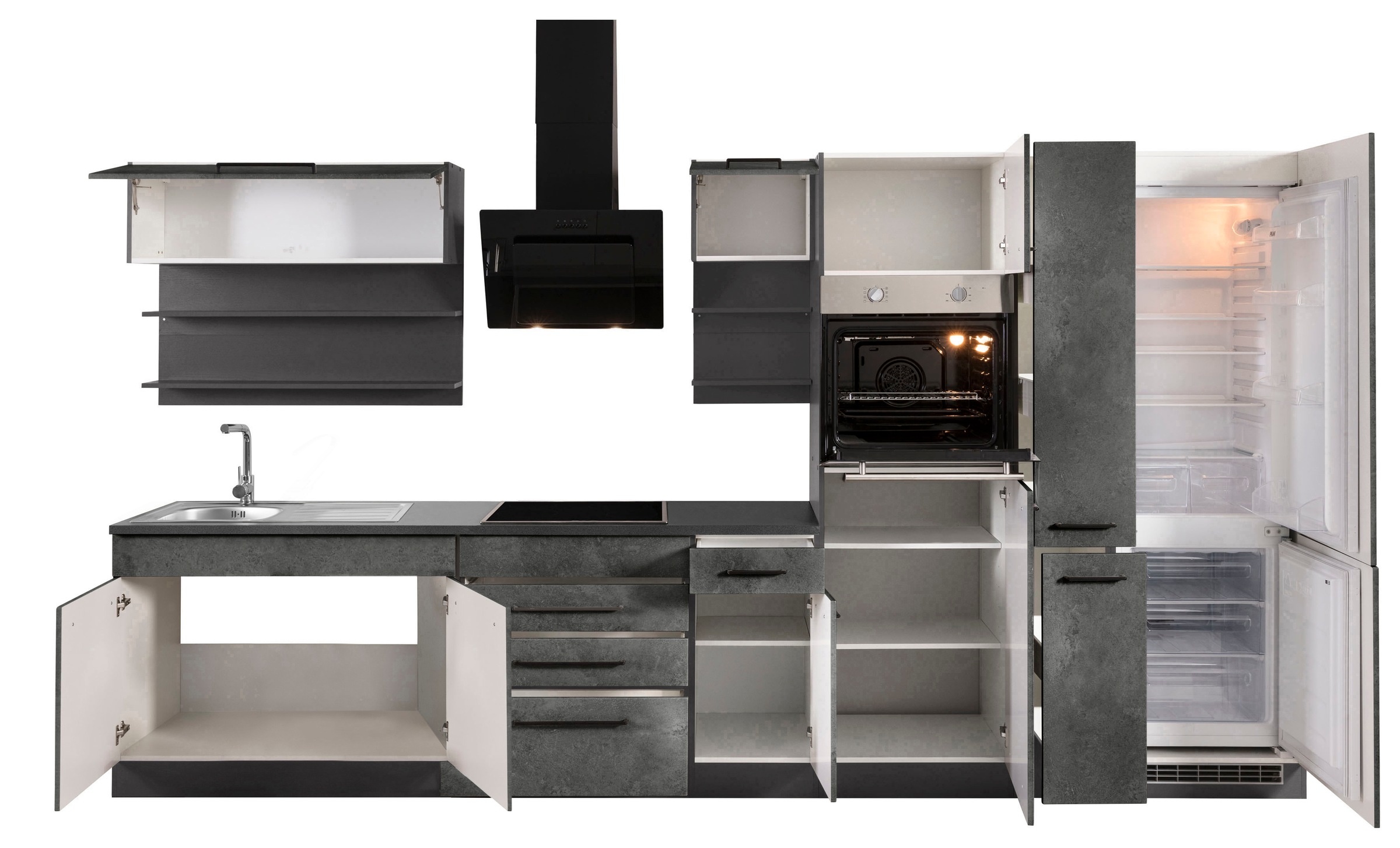 KOCHSTATION Küchenzeile »KS-Tulsa«, mit E-Geräten, Breite 360 cm, schwarze Metallgriffe, MDF Fronten