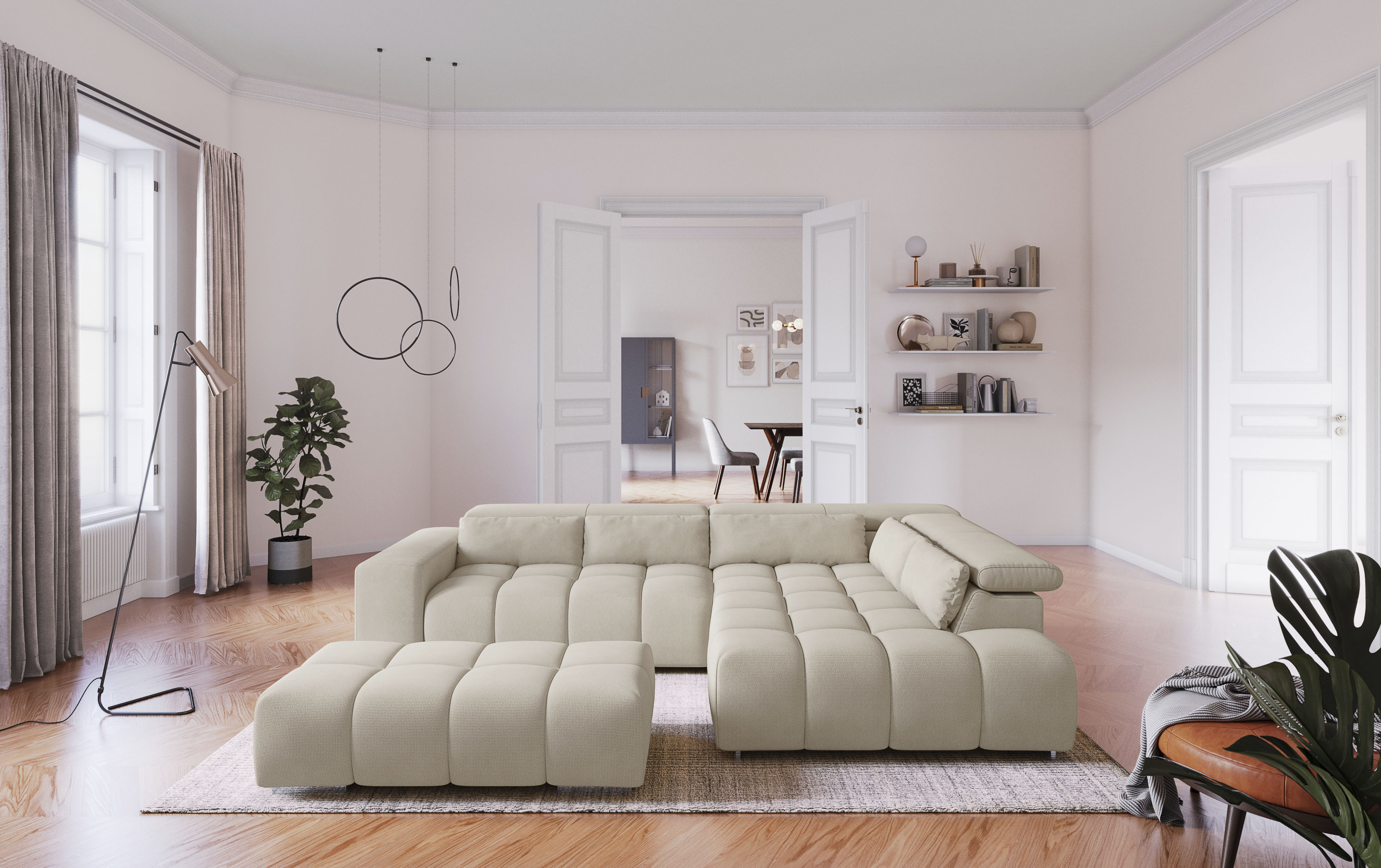 COTTA Ecksofa "Orion L-Form, B: 310 cm, moderne Steppung, bequeme Wellenunterfederung" Kopfteilverstellung & 5 Nierenkissen