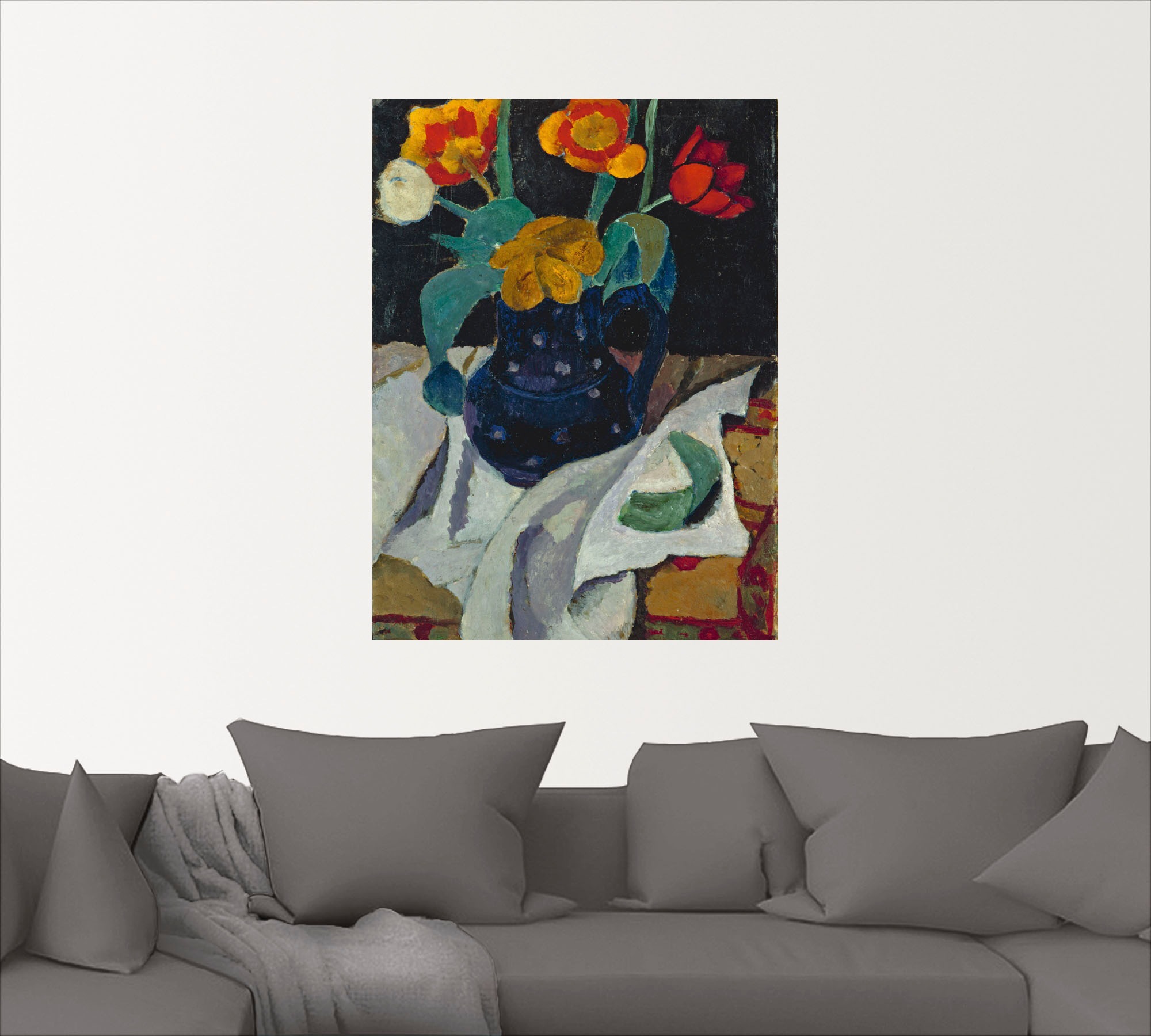 Artland Wandbild »Stillleben mit Tulpen in blauem Topf«, Arrangements, (1 St.), als Leinwandbild, Wandaufkleber oder Poster in versch. Größen