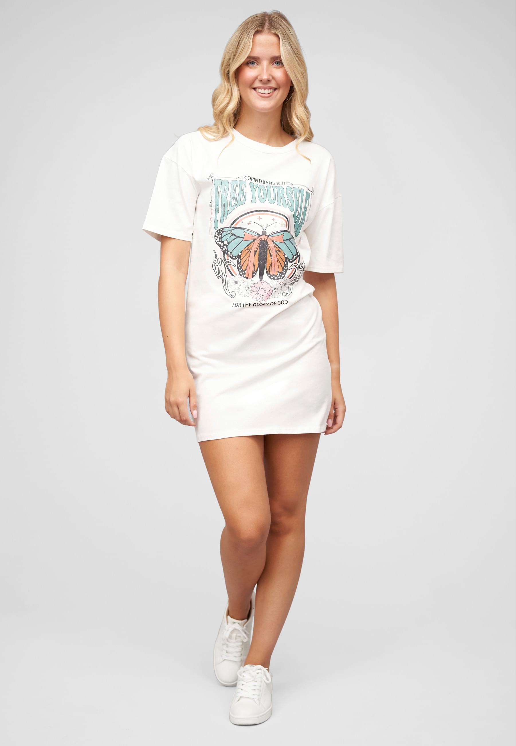 CLOUD 5IVE T-Shirt »CLOUD 5IVE T-Shirt-Kleid mit Free Yourself Butterfly Print« 1 Stk.