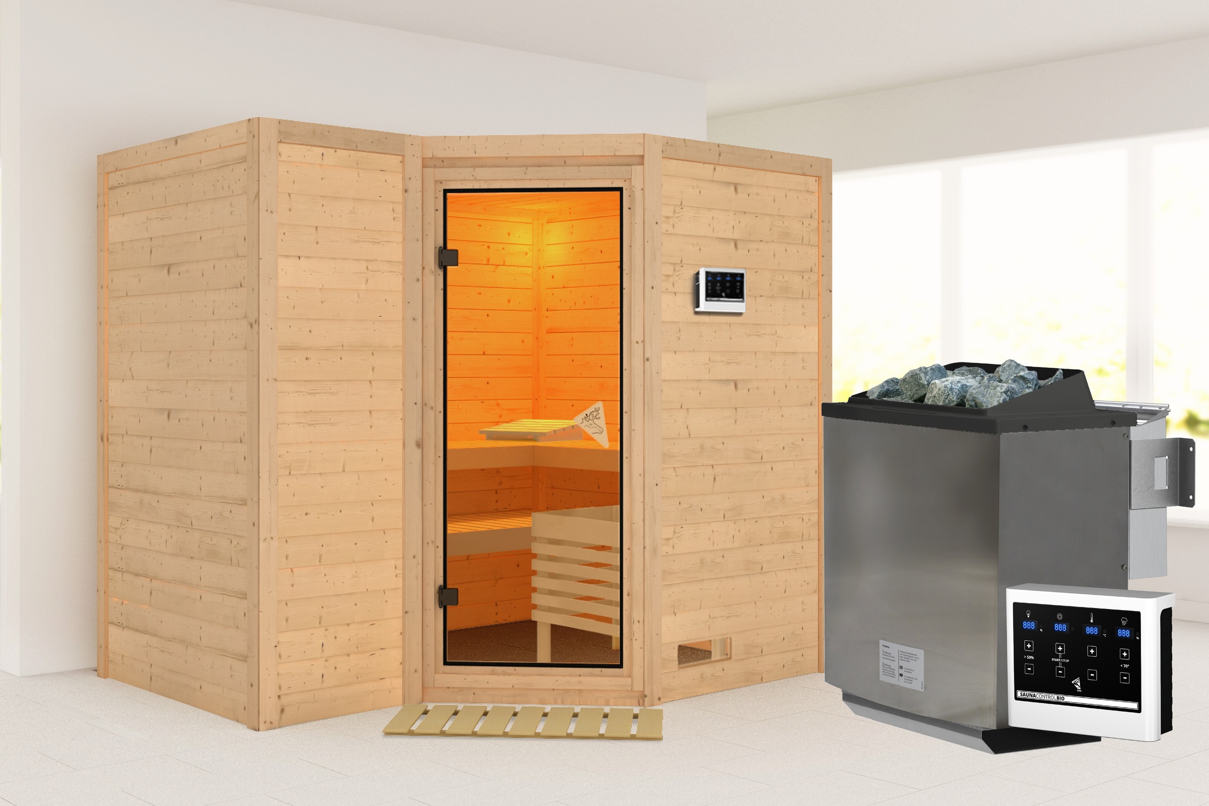Karibu Sauna »Sanna 2«, 9-kW-Bio-Ofen mit externer Steuerung