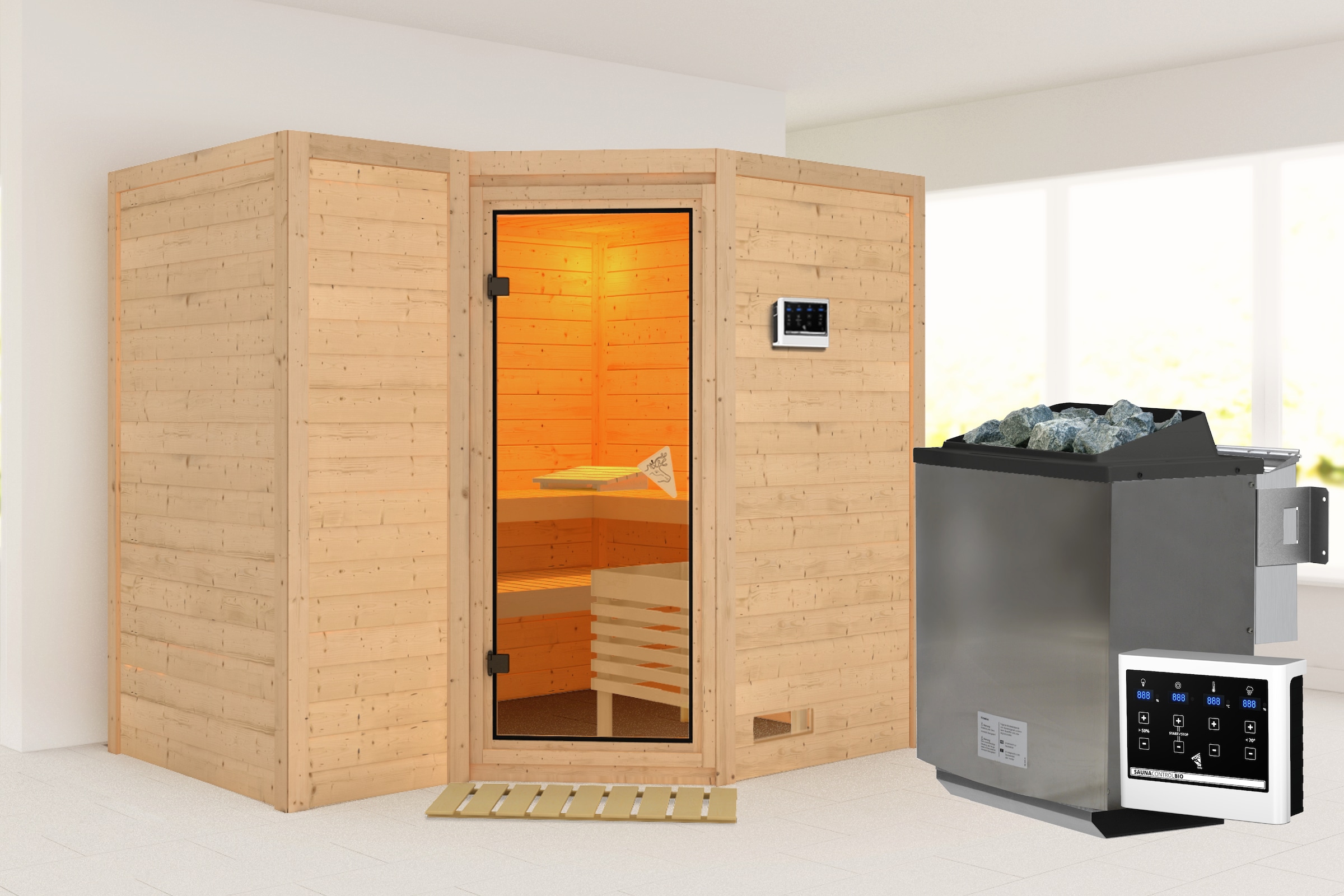 Karibu Sauna "Sanna 2" Set, Ofen 9 kW Bio externe Strg easy
