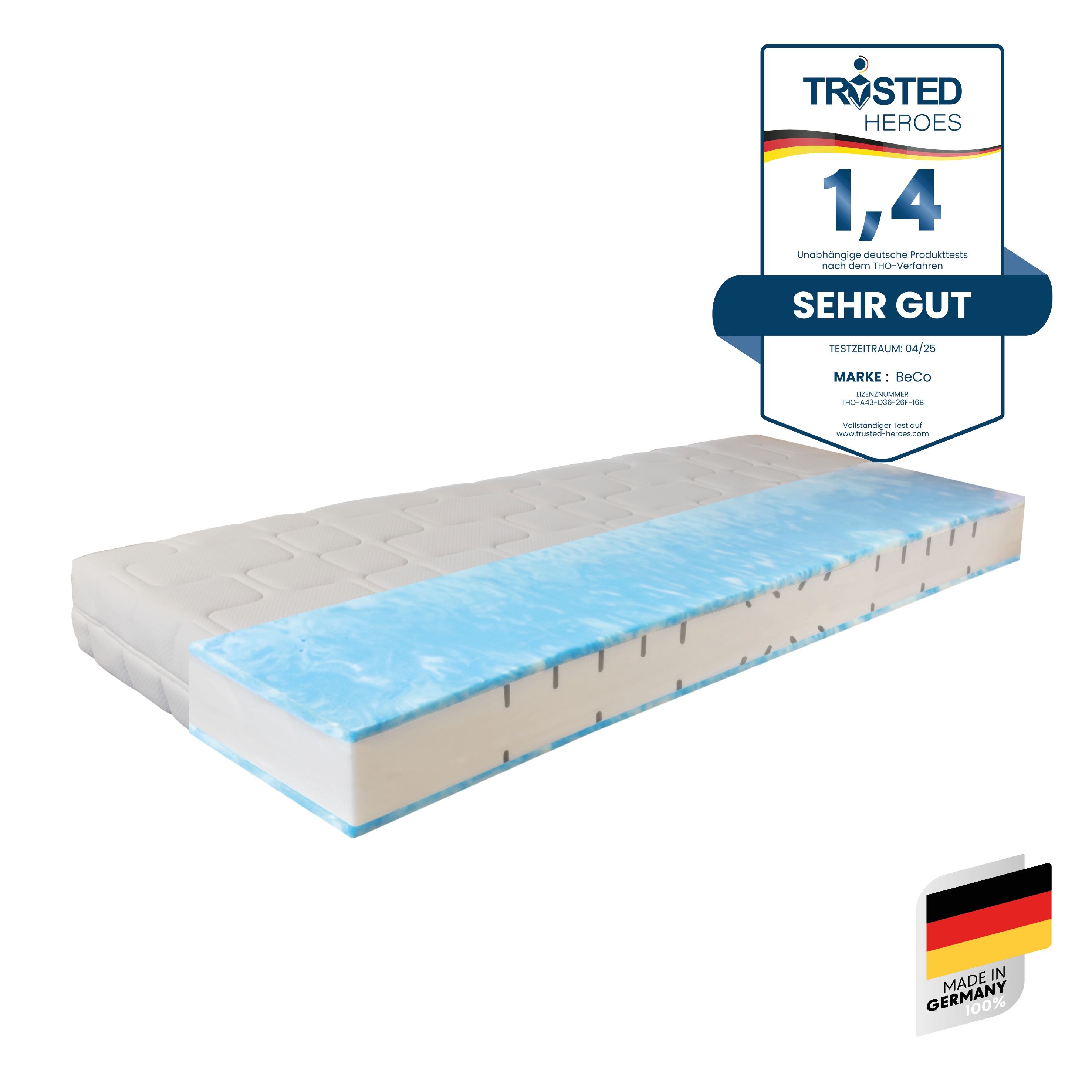 Beco 1100000002199 "GUMO, 7 Zonen Matratze 90x200,140x200 und mehr, weiche & feste Seite" 20 cm hoch 1 Stk. tlg. druckentlastende Gelschaumauflage,atmungsaktiv, Partner-/Wendematratze