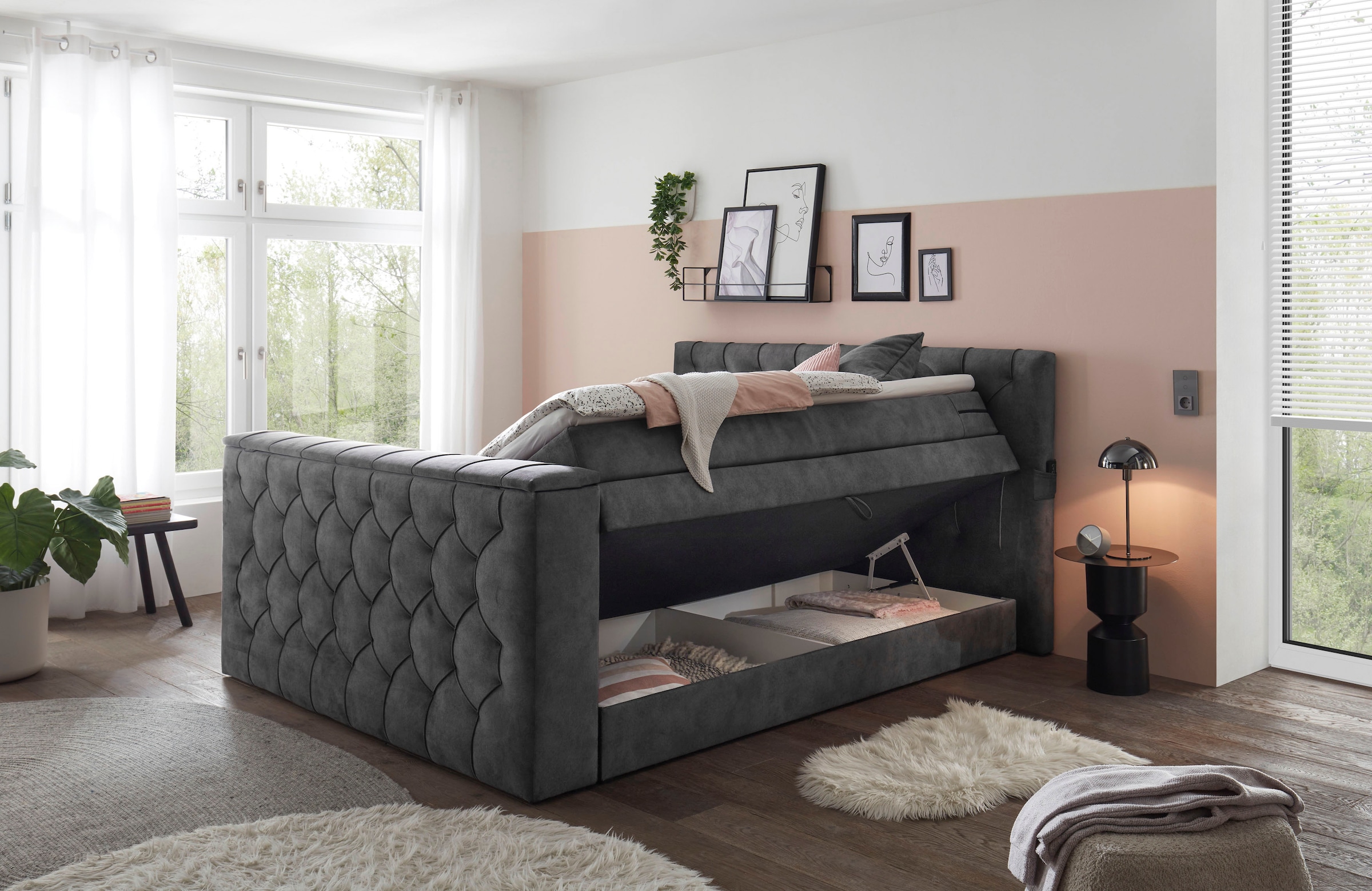 ED EXCITING DESIGN Boxspringbett »Springdale«, mit Bettkasten, motorisierter TV-Halterung, Duo-Matratze (H3/H4)