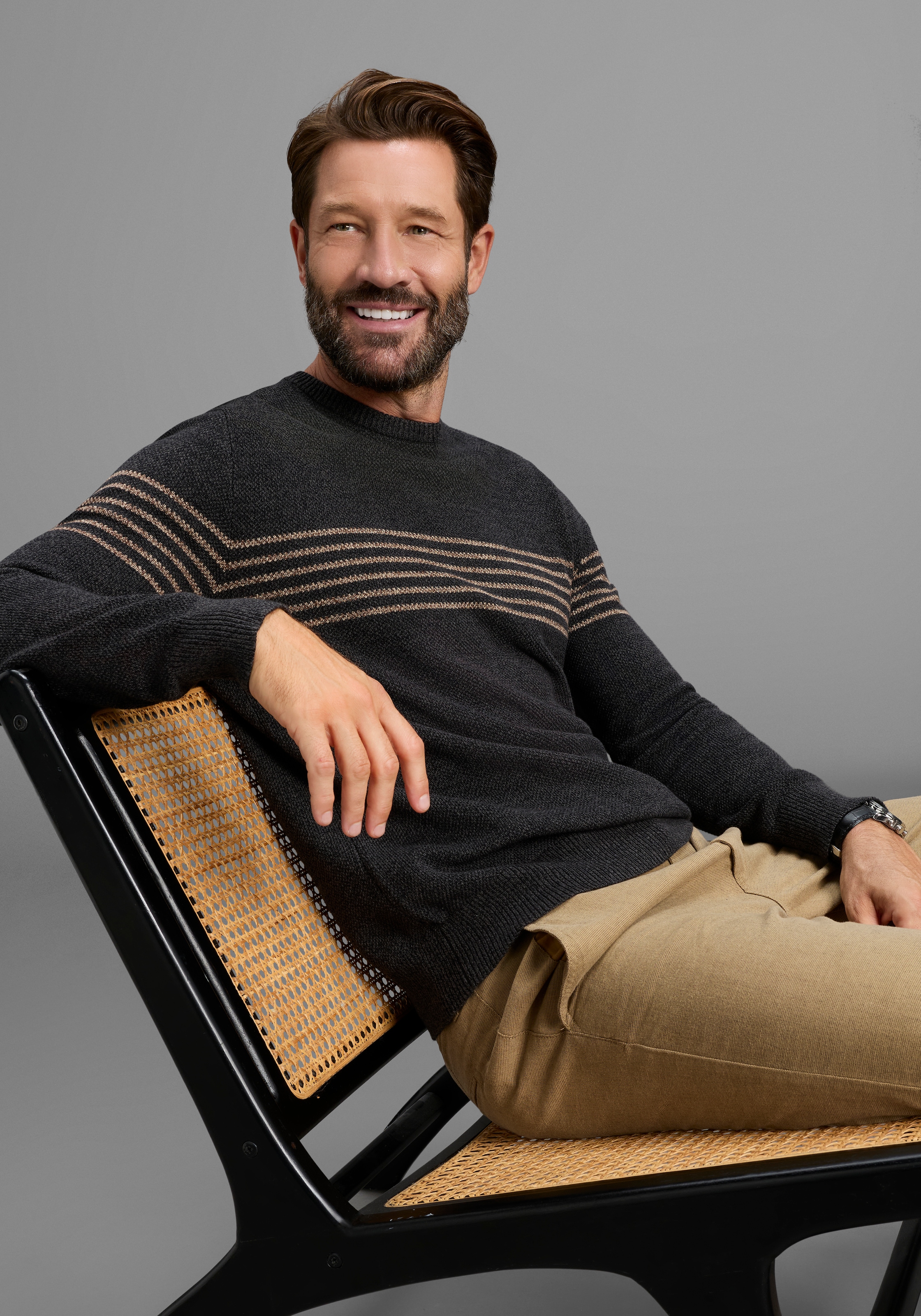 Mans World Rundhalspullover "Neue Kollektion Highlight Bruststreifen" aus B günstig online kaufen