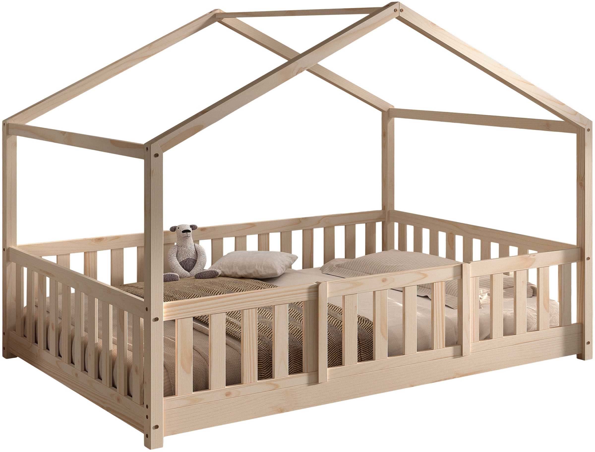 Vipack Hausbett »Dallas, Massivholzbett mit Dachaufbau umbaubar vom Boden- zum Daybett« inkl. Lattenrost, Rausfallschutz, Sprossen, 90 oder 140x200 cm breit,  stabil und standfest gebaut, wahlweise Kiefer massiv natur oder weiß