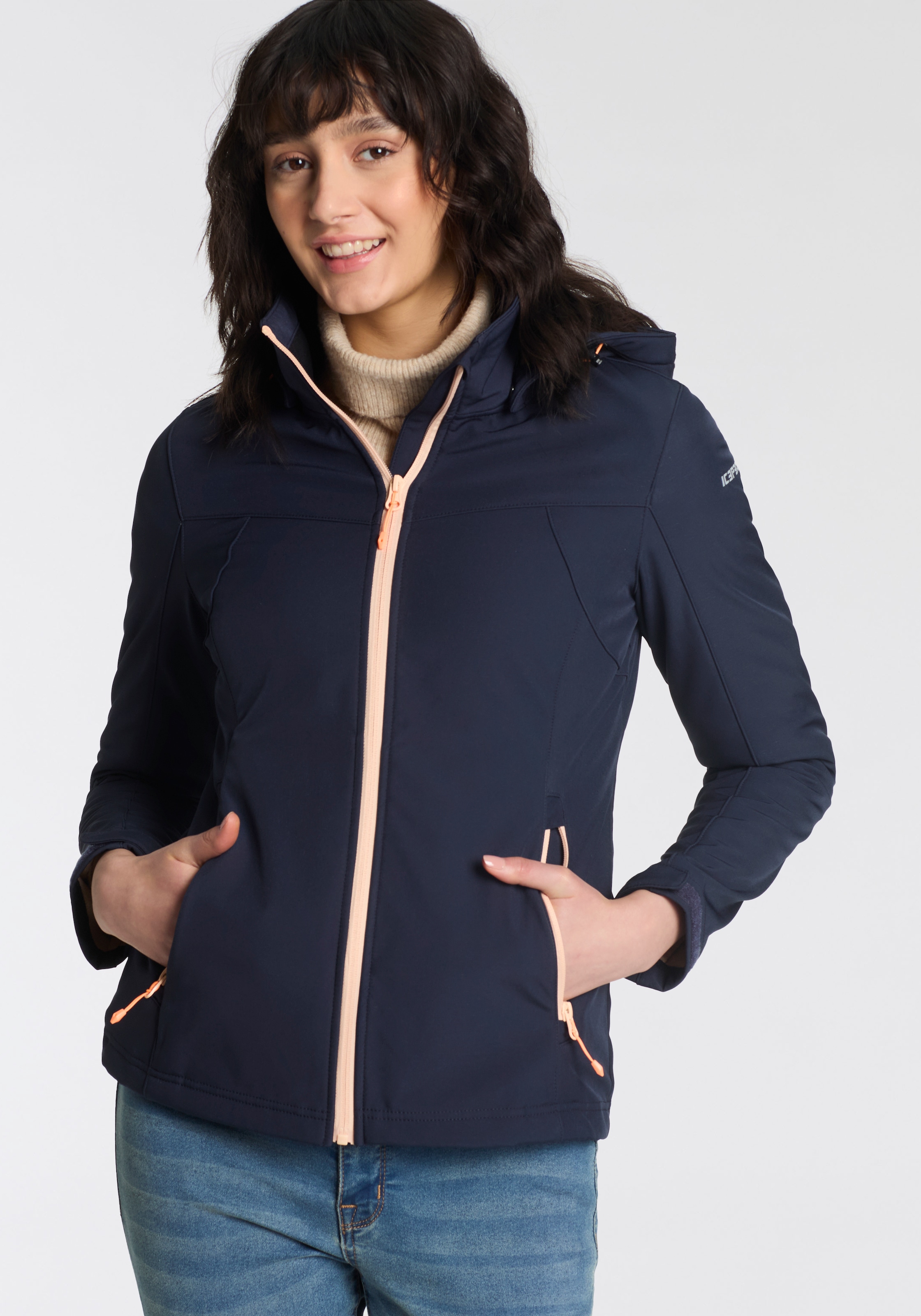 Softshelljacke »D SOFTSHELLJACKE BRENHAM«, mit Kapuze, mit hohem Stehkragen