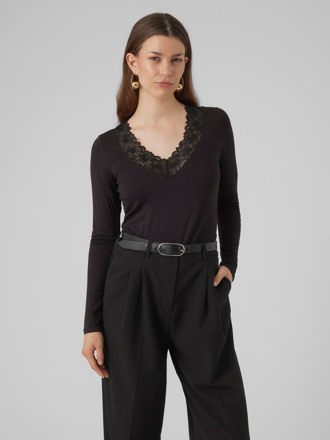 Vero Moda V-Shirt "VMROSA LS V-NECK LACE TOP GA JRS NOOS"