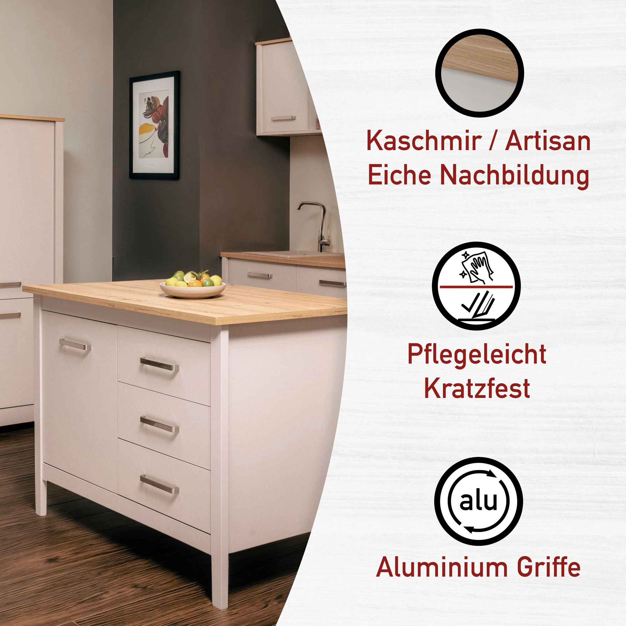 Inter Link Bartisch »Pienza, multifunktional für Küche & Essbereich, Kaschmir, Skandi Look« 1 Stk. tlg. Kücheninsel mit Soft-Close, Platz für 2 Hocker, 124x75x91 cm