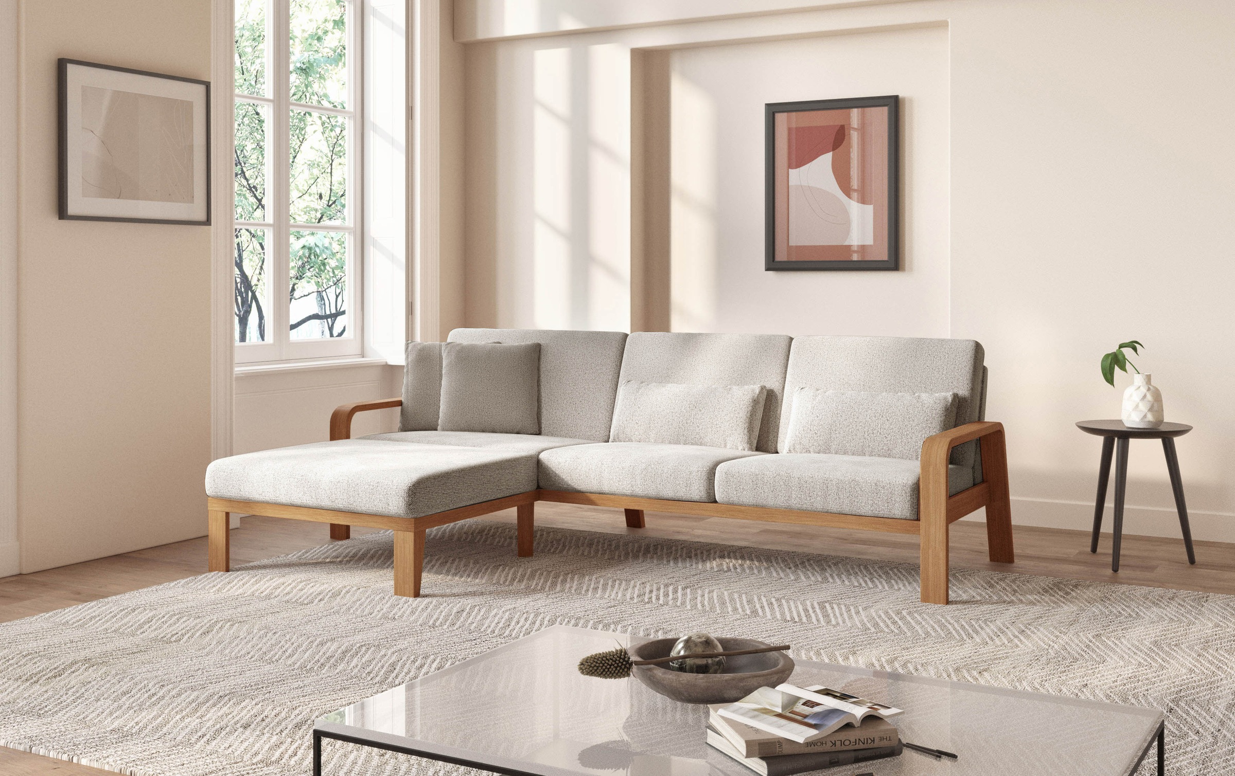 sit&more Ecksofa »Kolding L-Form«, Armlehnen aus eichefarbigem Buchenholz, verschiedene Bezüge und Farben