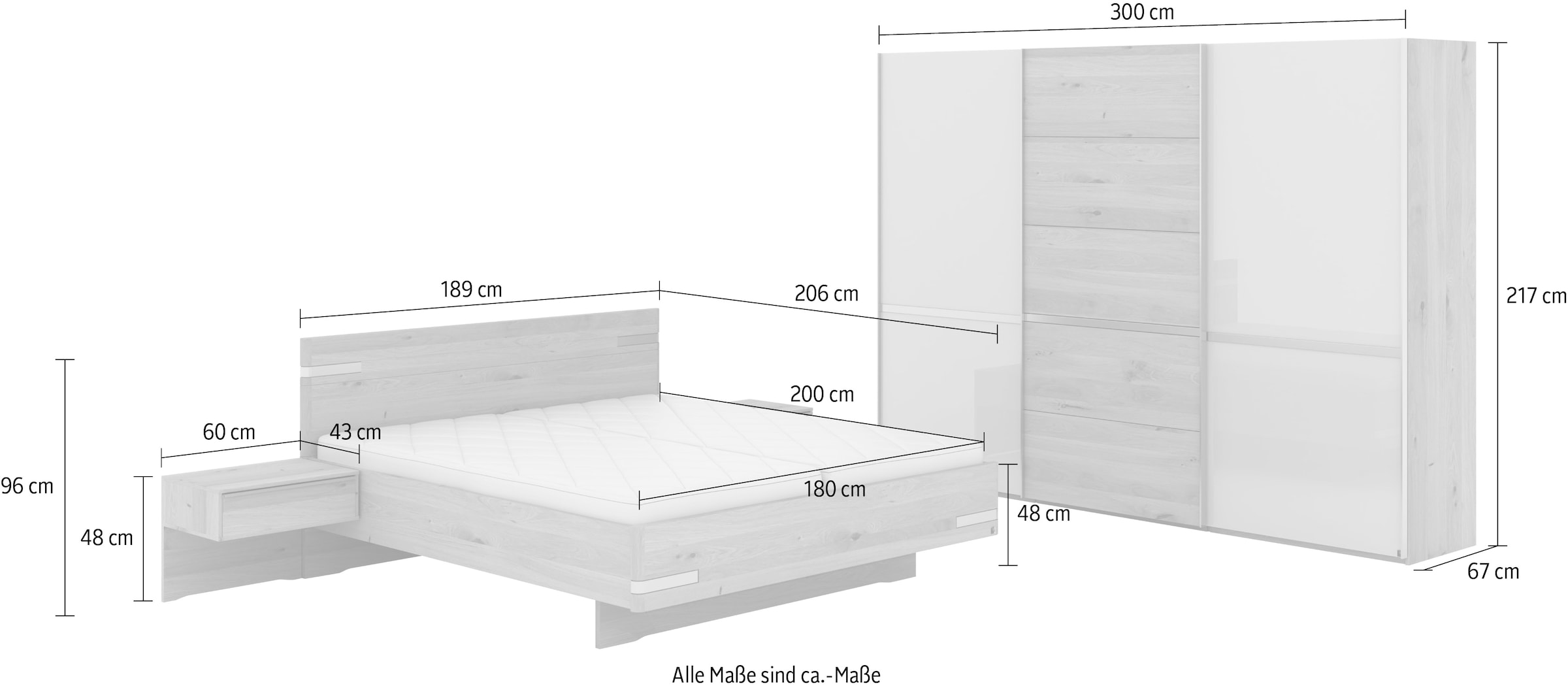 Musterring Schlafzimmer-Set »Savona, Kleiderschrank, Bett & Nachtkommoden, teilmassiv Bianco-Eiche«, (2er-Set Nachtschränke, Schwebetürenschrank, Bett 180x200 cm), Eiche- und Glastüren, Konsolen und Kopfteil Eiche-Bianco, Höhe 217cm