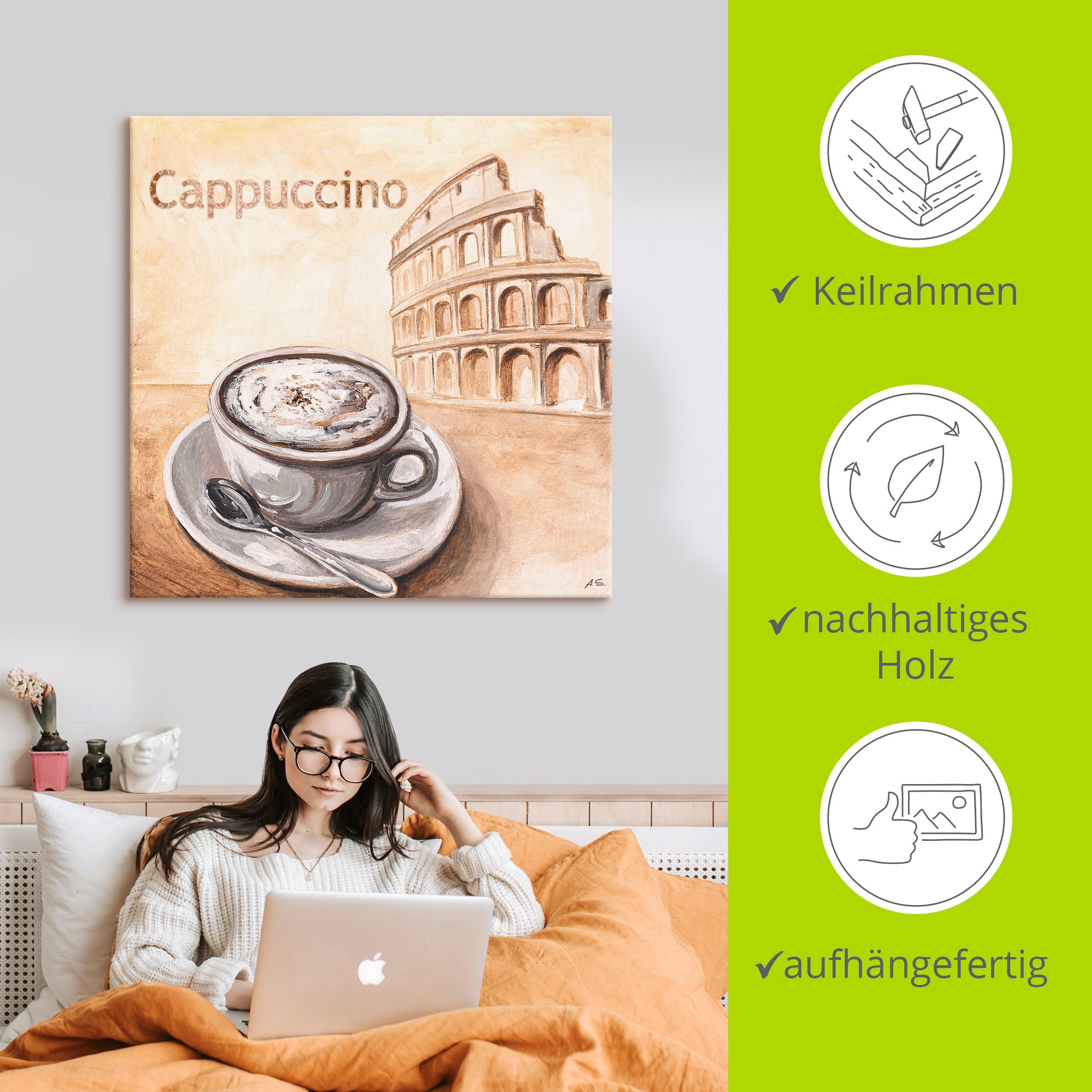 Artland Leinwandbild »Cappuccino in Rom« Kaffee Bilder 1 Stk. tlg. auf Holzrahmen gespannt