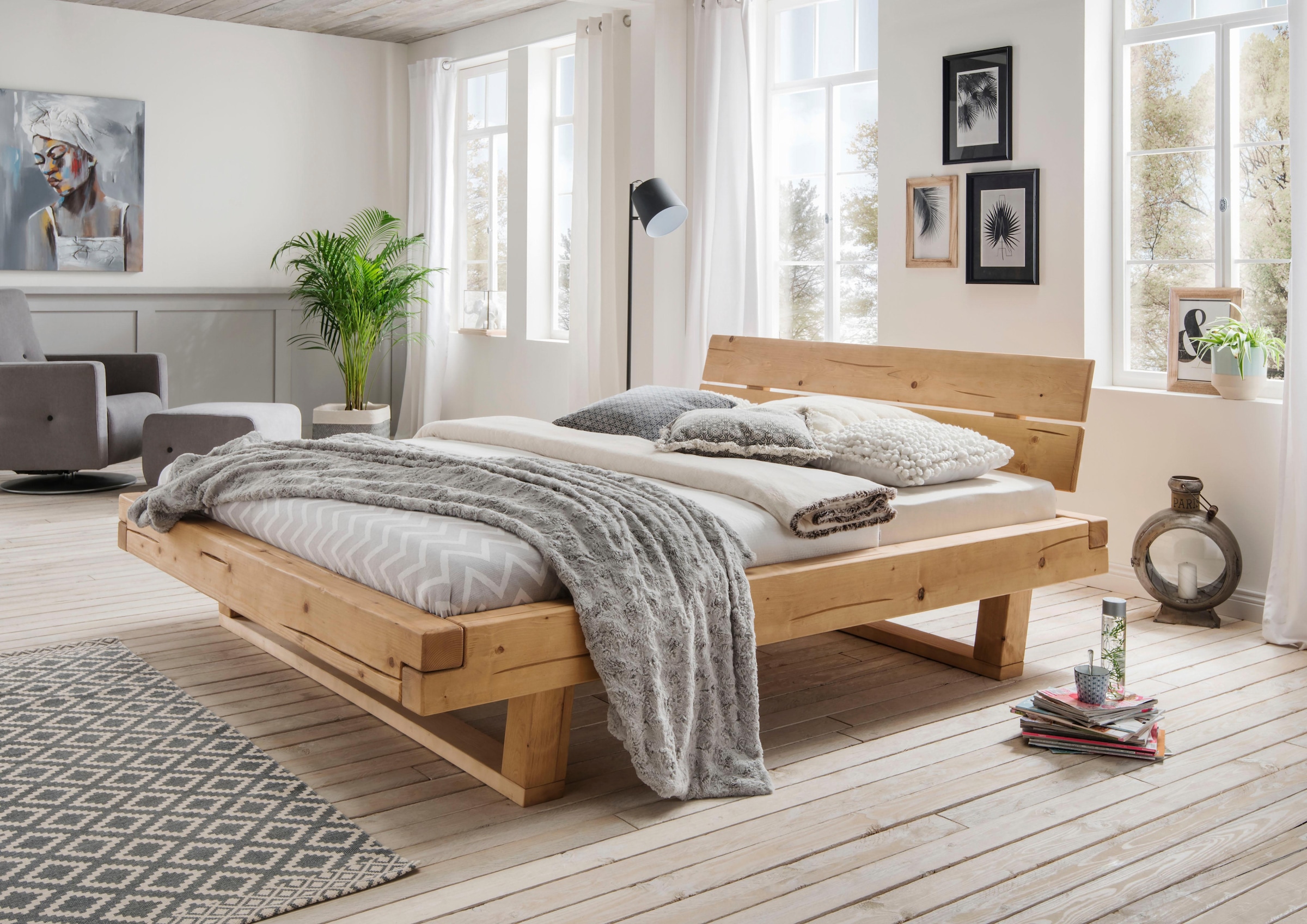 Home affaire Massivholzbett »Ultima Balkenbett Doppelbett, Füße mit Kufenform«, FSC®-zertifizierte Wildeiche oder Fichte, viele Breiten zur Auswahl