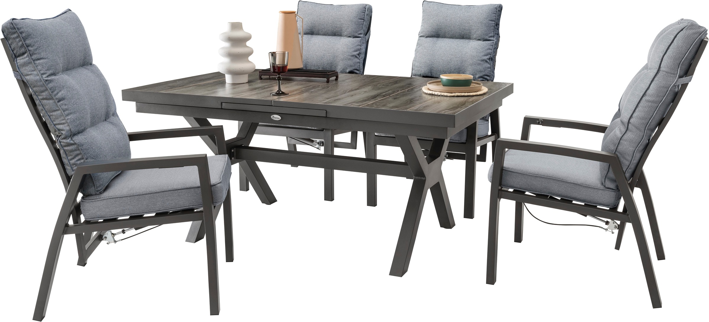 Destiny Garten-Essgruppe "GARDA 4 HL + Ausziehtisch 160/210x100cm, anthrazit" Set, 9 Stk. tlg. Aluminium, Keramikplatten