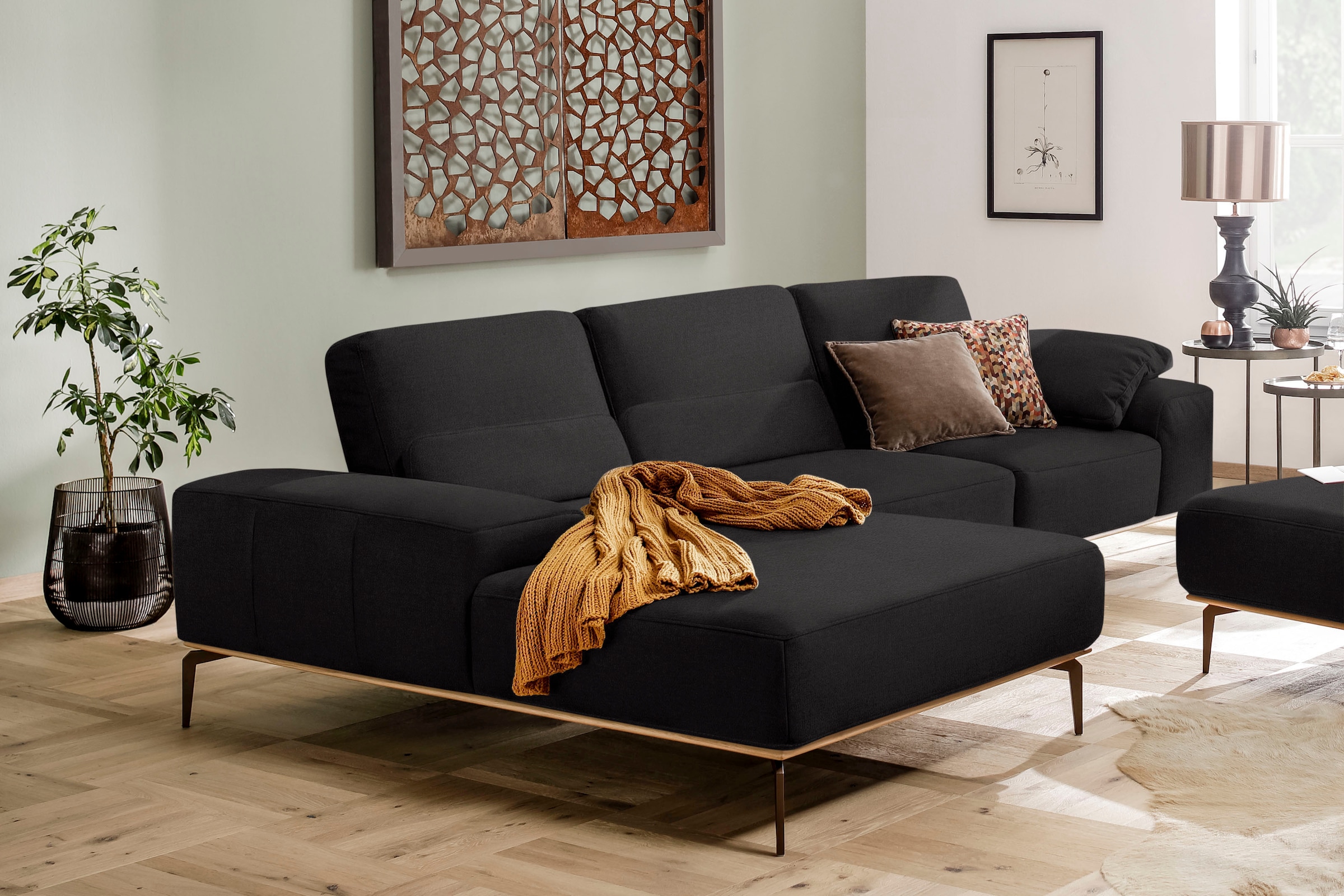 Ecksofa W.SCHILLIG "run, Designsofa mit tollem Sitzkomfort, bequem, L-Form", schwarz (midnight w82), B:319cm H:88cm T:178cm, Longlife Xtra-Leder Z73: Naturwalkleder der Luxusklasse aus den erlesensten Rohhäuten. Hautstärke 1, 1 – 1, 3 mm;ROHLEDER Jacquard 7