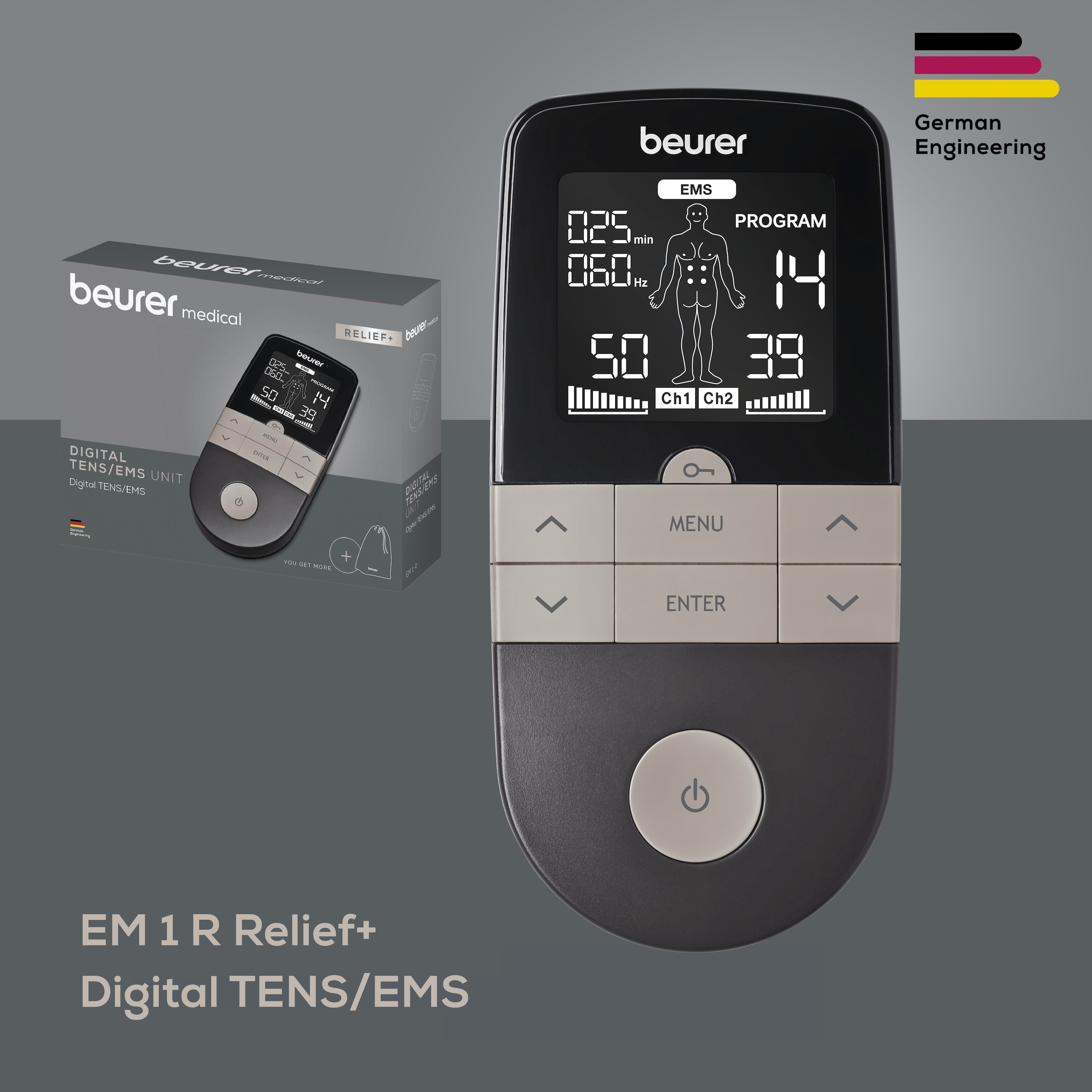 Beurer Grau Tens-Ems-Gerät "Digital Em 1 R Relief+ 3-In-1 Reizstromgerät" Zur Schmerztherapie Muskelstimulation Und Entspannung von Baur