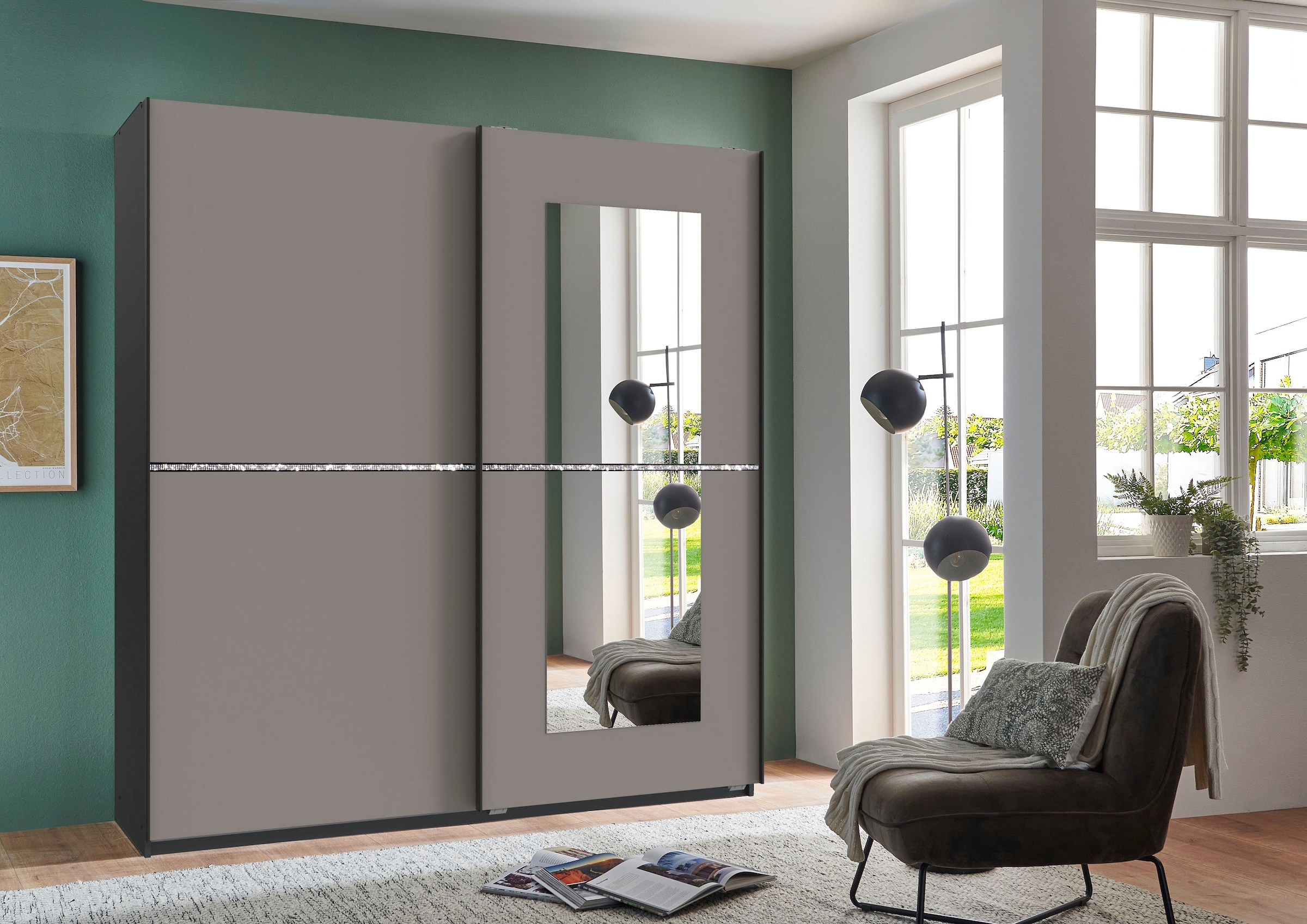 Wimex Schwebetürenschrank »Dundee, Glitzern und Funkeln im Schlafzimmer durch Strassdekor«, Kleiderschrank mit Spiegel, 180x64x198cm, Made in Germany