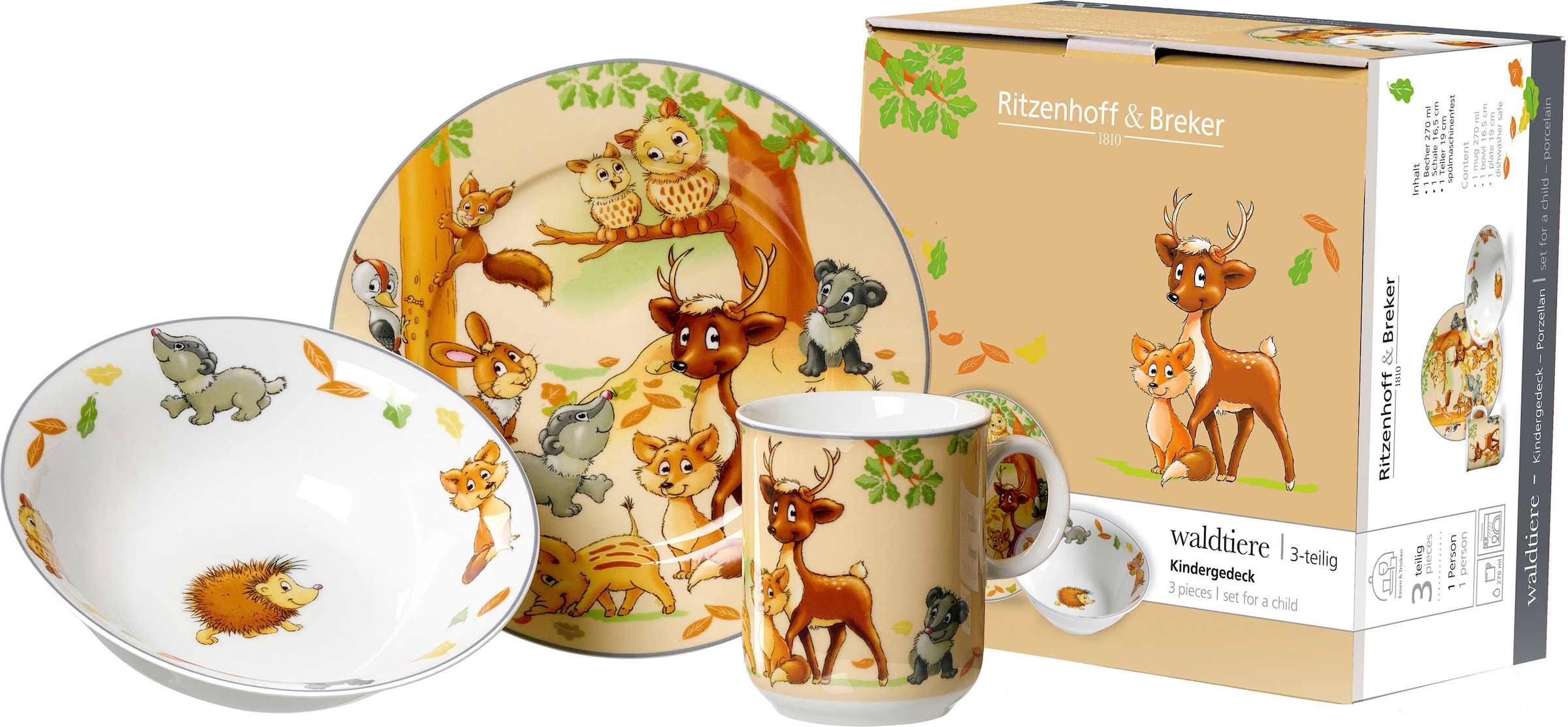 Ritzenhoff & Breker Kindergeschirr-Set »Waldtiere«, (Set, 3 tlg.), in dekorativer Geschenkverpackung