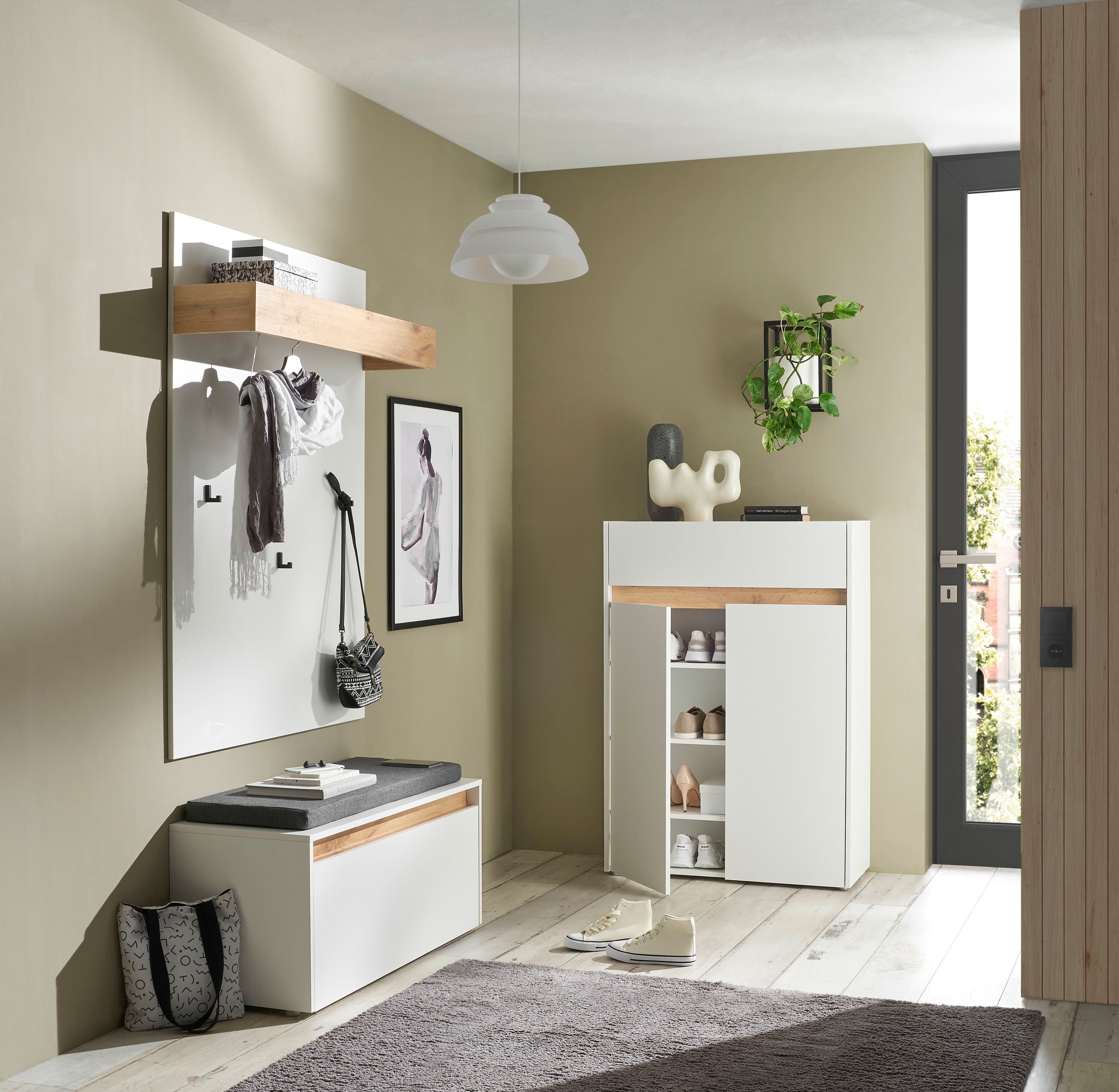 INOSIGN Garderoben-Set »City/Giron, moderne Garderobe, viel Stauraum, ca. 24 Schuhe«, (Set, 3 St.), enthält Schuhschrank, Garderobenpaneel & Garderobenbank mit Sitzkissen