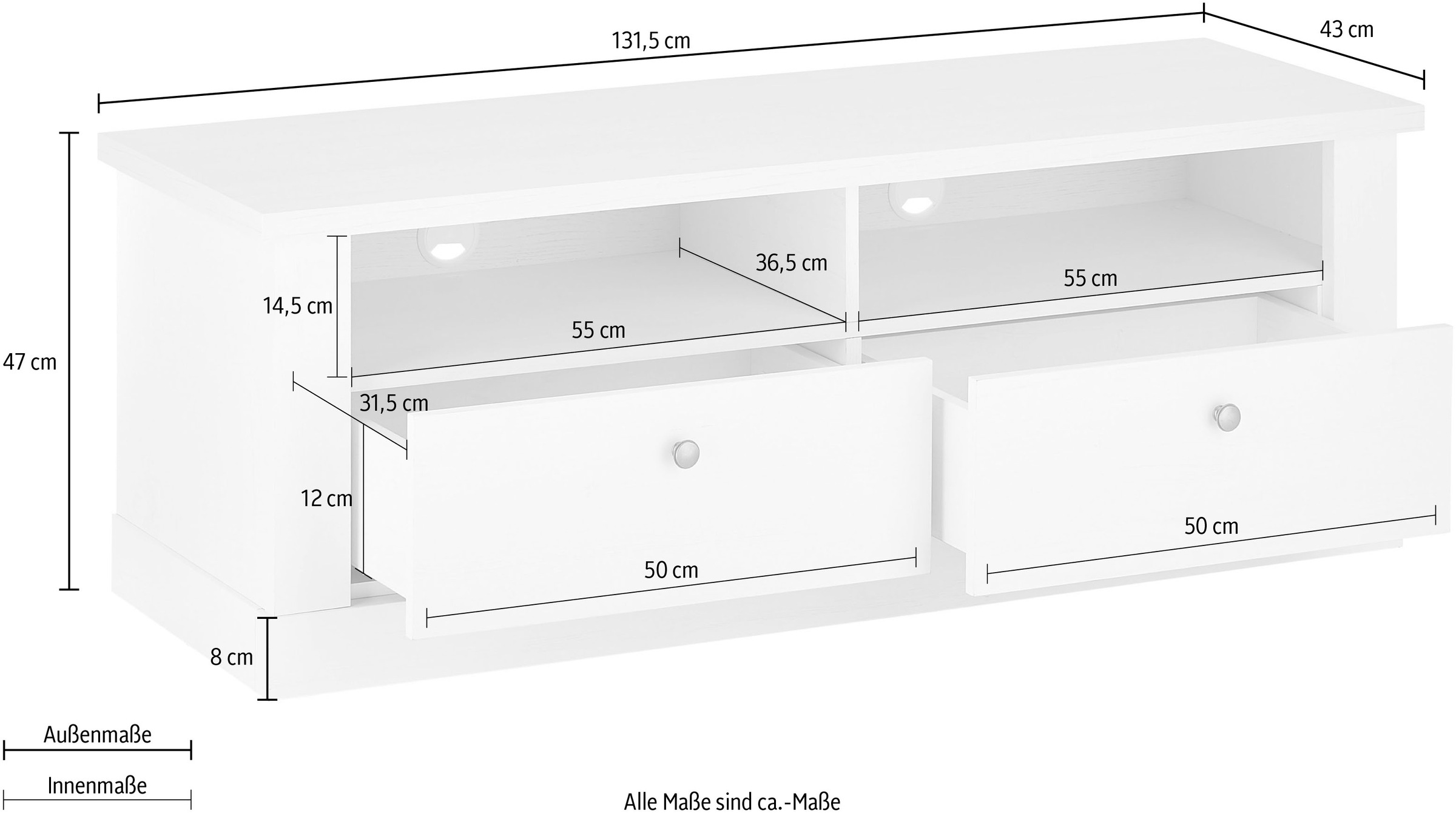 Home affaire Lowboard »RAVENNA«, im romantischen Landhausstil, Griffe aus Metall, Breite 132 cm