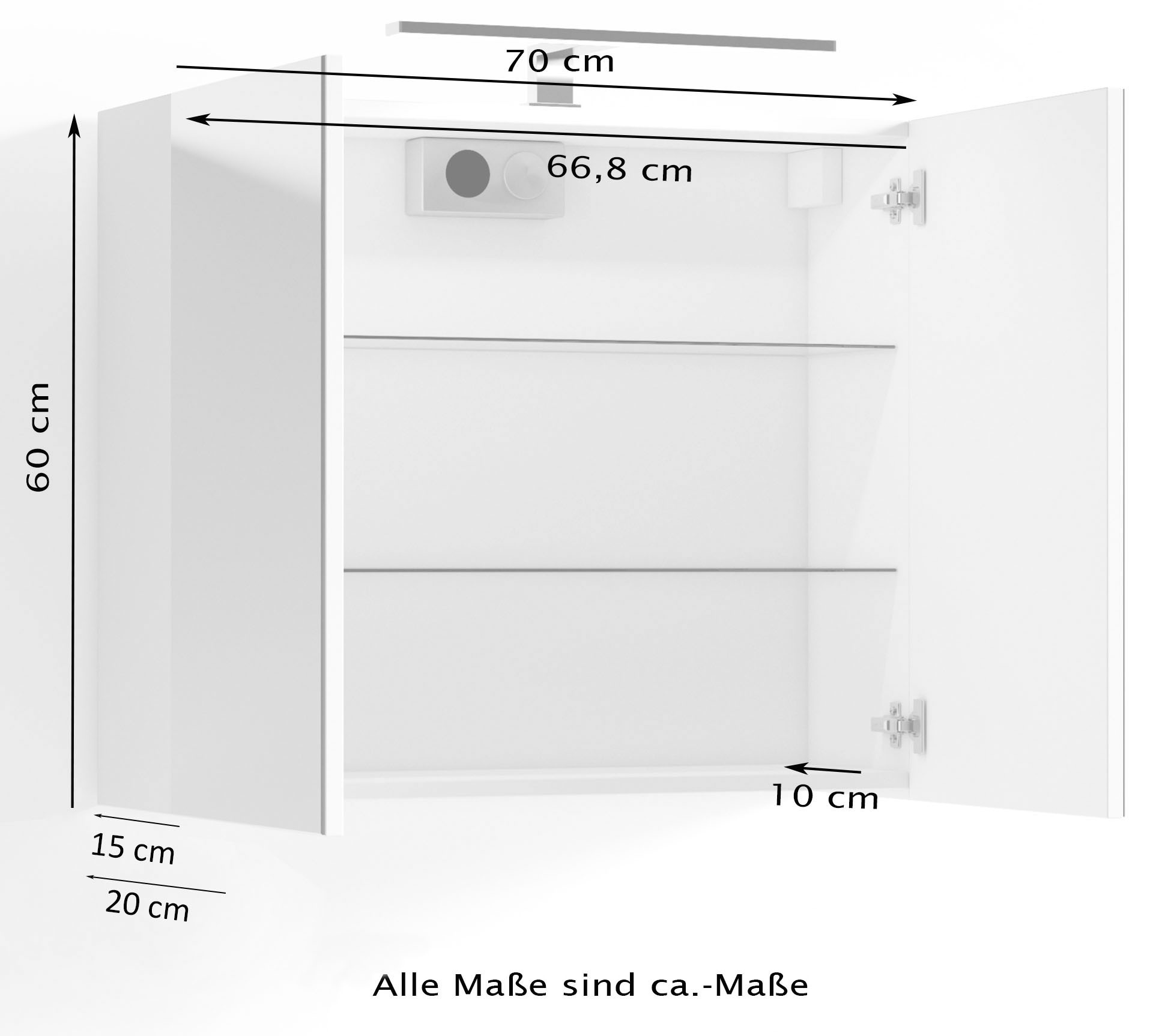 byLIVING Spiegelschrank »Spree«, Breite BAUR Schalter-/Steckdosenbox Beleuchtung 2-türig, kaufen cm, | mit LED und 70
