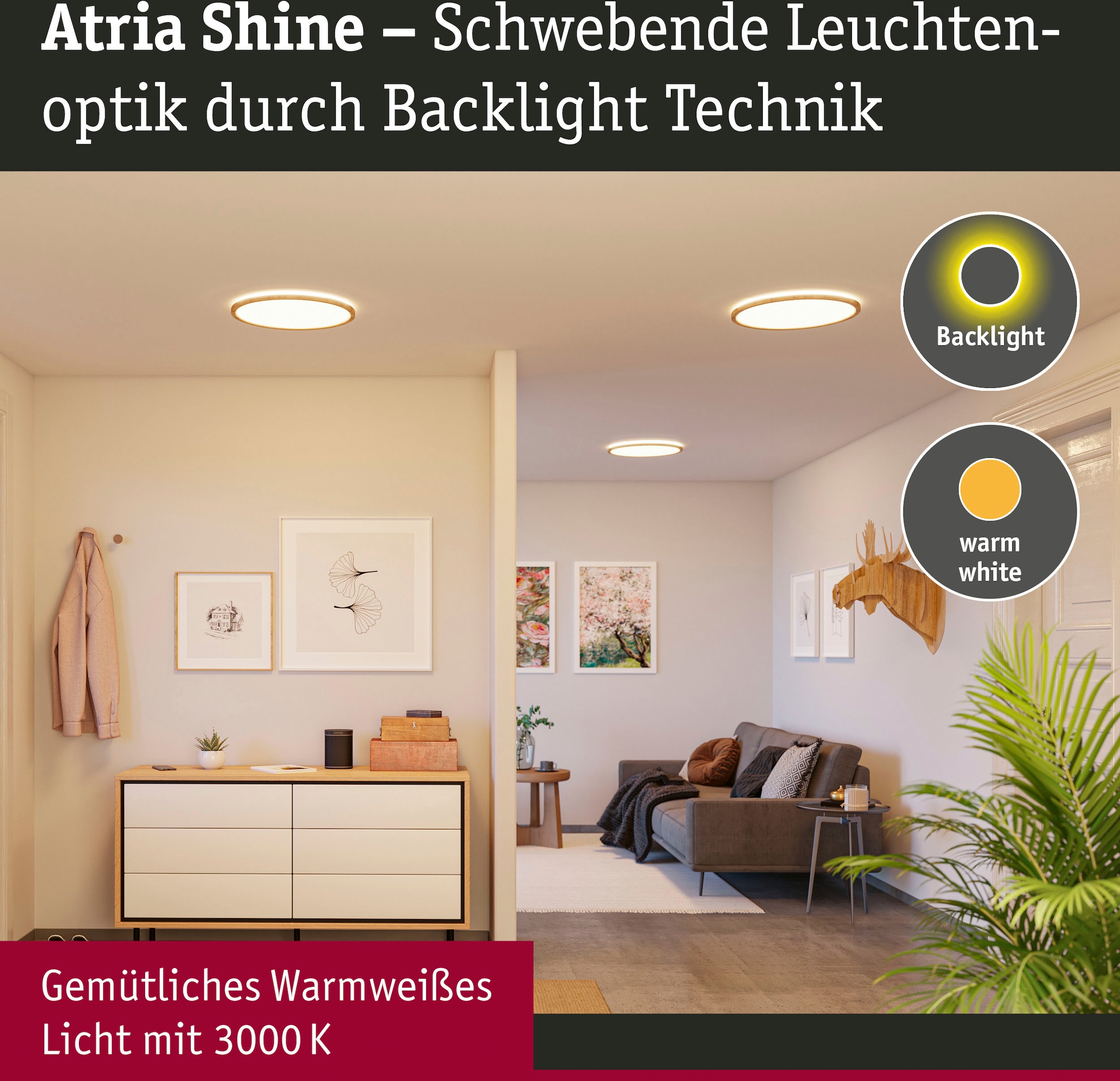 Paulmann LED Panel »Atria Shine 22W 3000K 420mm Eiche Kunststoff IP44«, 1 flammig-flammig, Hintergrundbeleuchtung