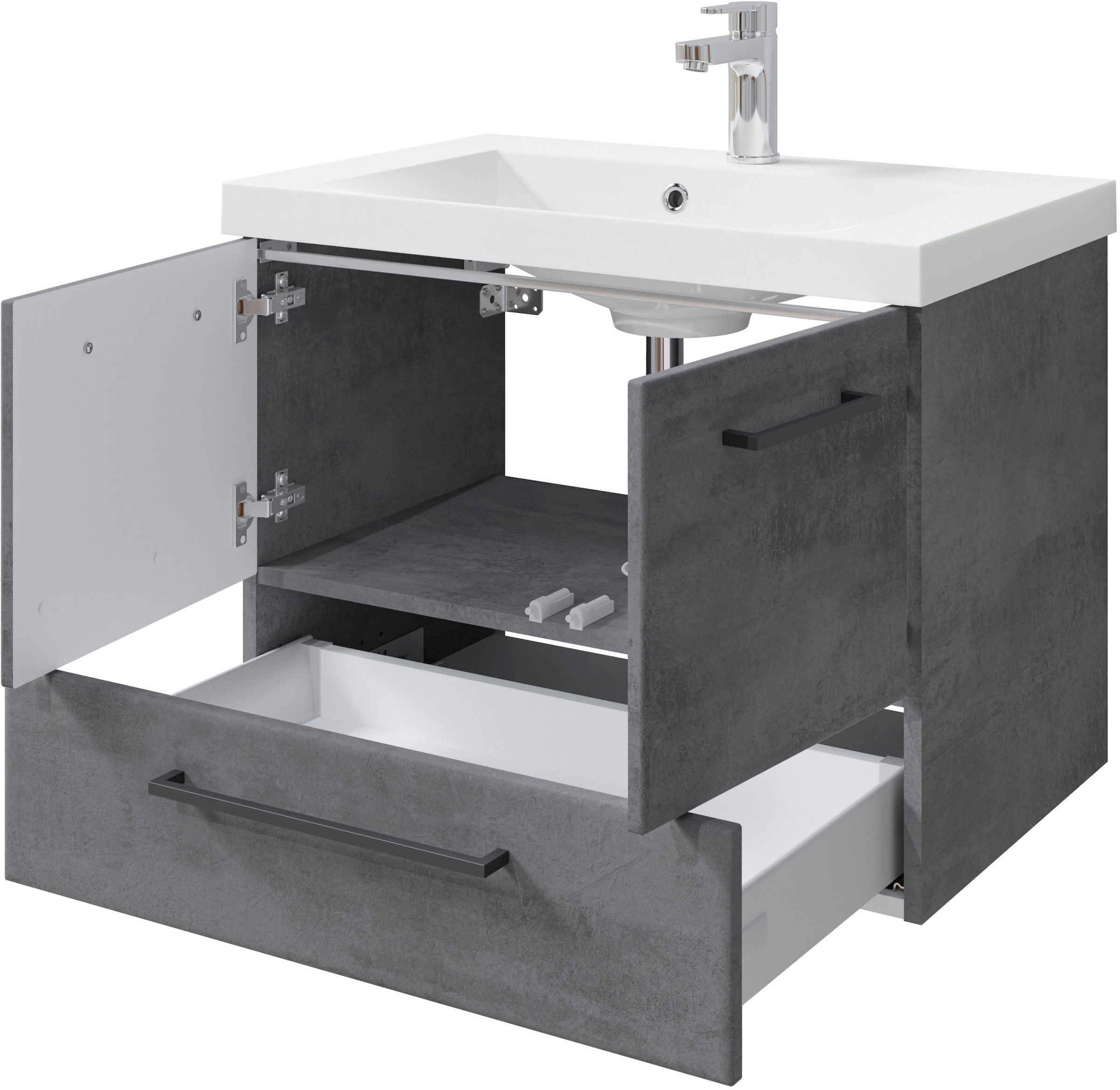 Saphir Badmöbel-Set »Quickset 945 2-teilig, Mineralmarmor-Waschtisch und LED-Spiegelschrank«, (2 St.), Waschplatz 80 cm breit, 5 Türen, 1 Schublade, inkl Türdämpfer, Bad-Set