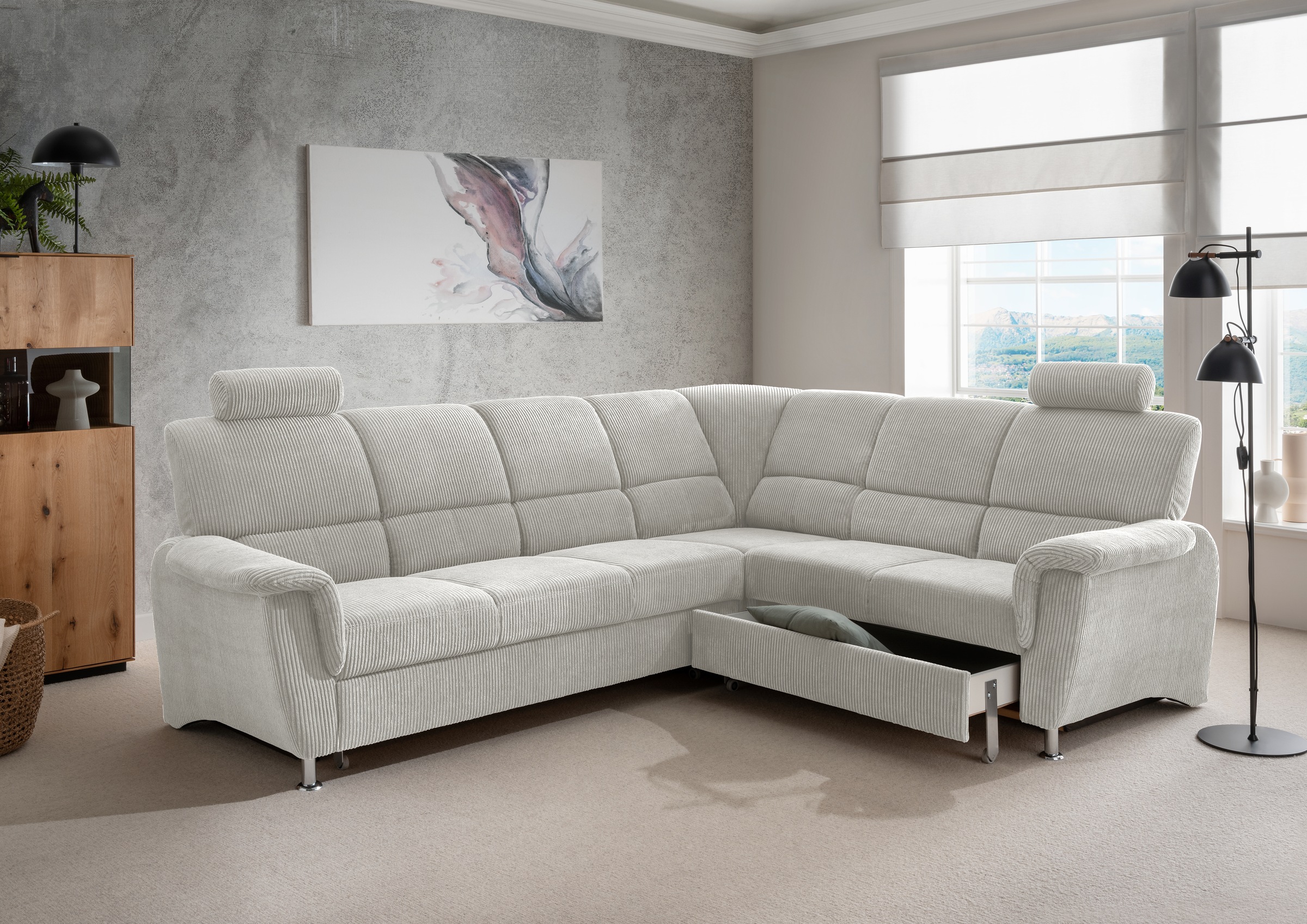 Home affaire Ecksofa »Pisa L-Form, mit Schlaffunktion, Stauraum, 2x höhenverstellbare«, Kopfstützen und Relaxfunktion im Eckelement