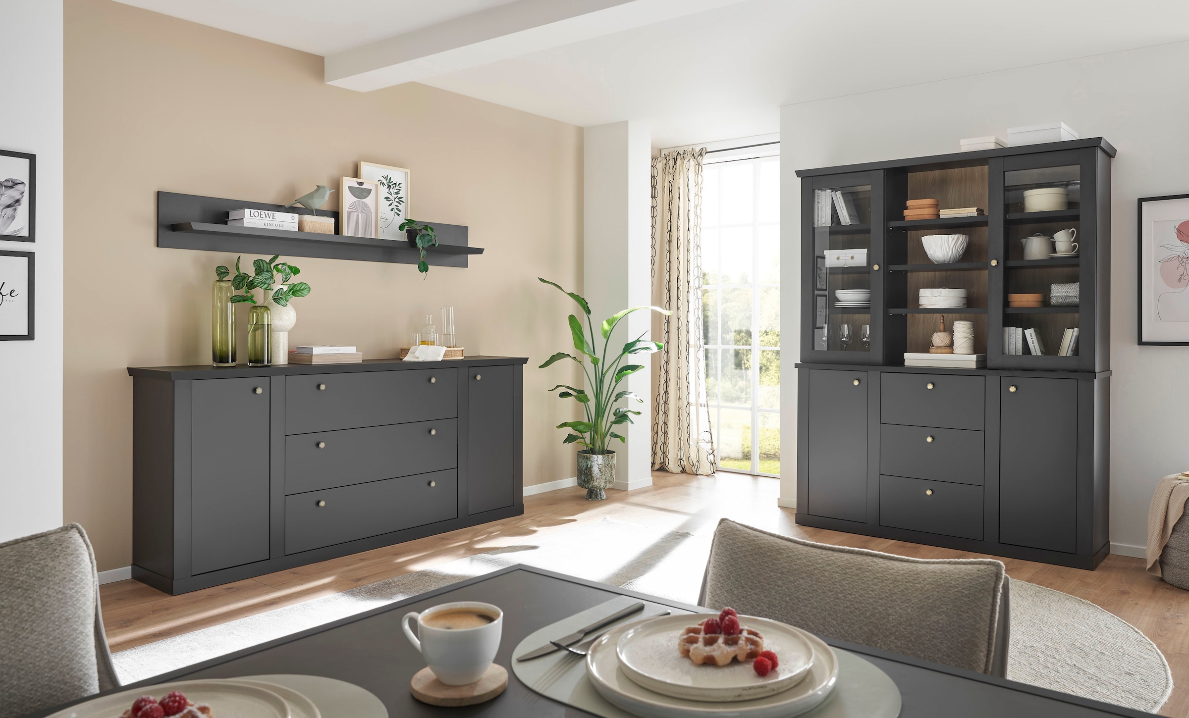 Home affaire Buffet »Lincoln, Hochschrank im Landhausstil, moderner Schrank« edles Design, messingfarbene Knopfgriffe, vielseitig einsetzbar