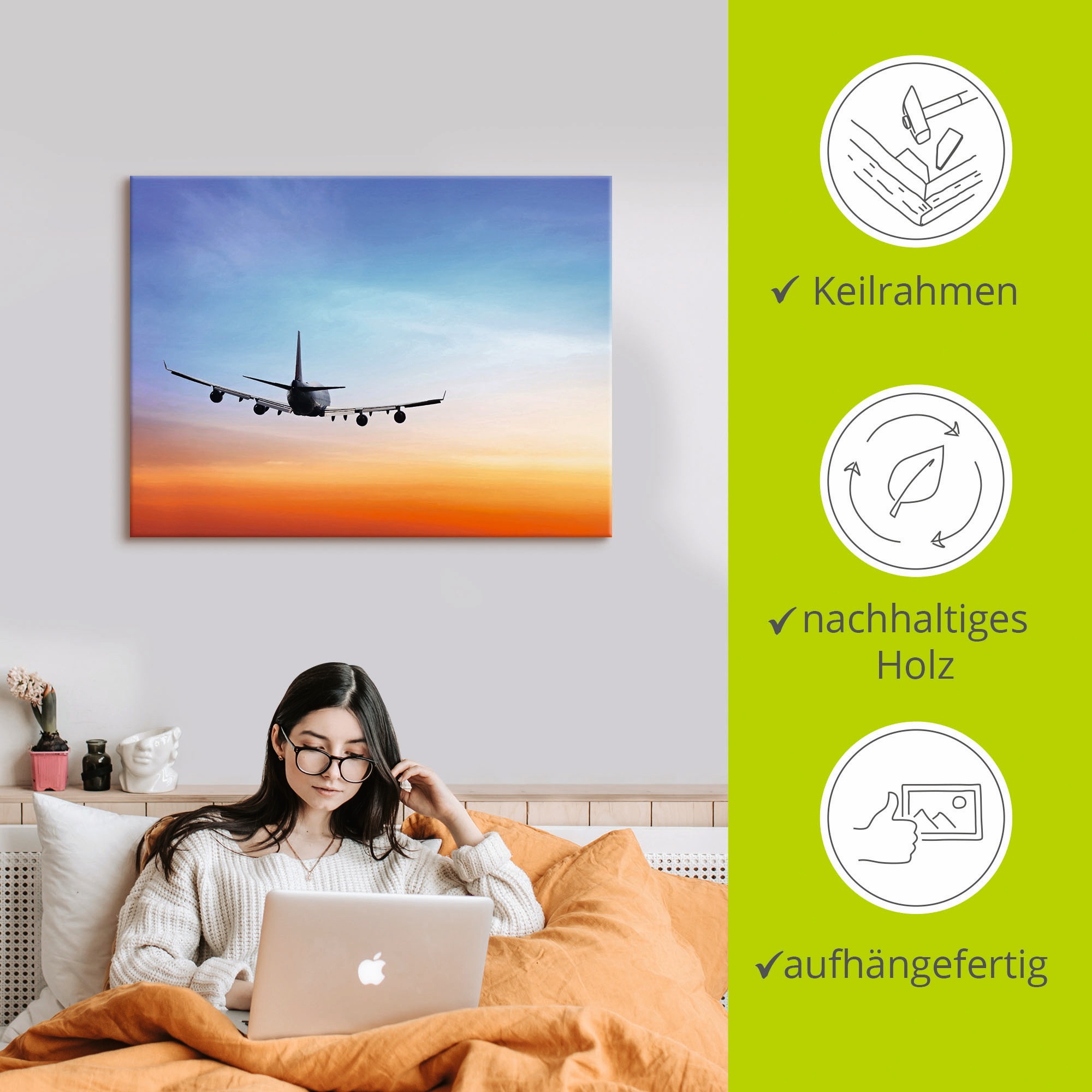 Artland Wandbild »Flugzeug vor orange/blauem Abendhimmel«, Flugzeuge & Helikopter, (1 St.), als Leinwandbild, Wandaufkleber in verschied. Größen