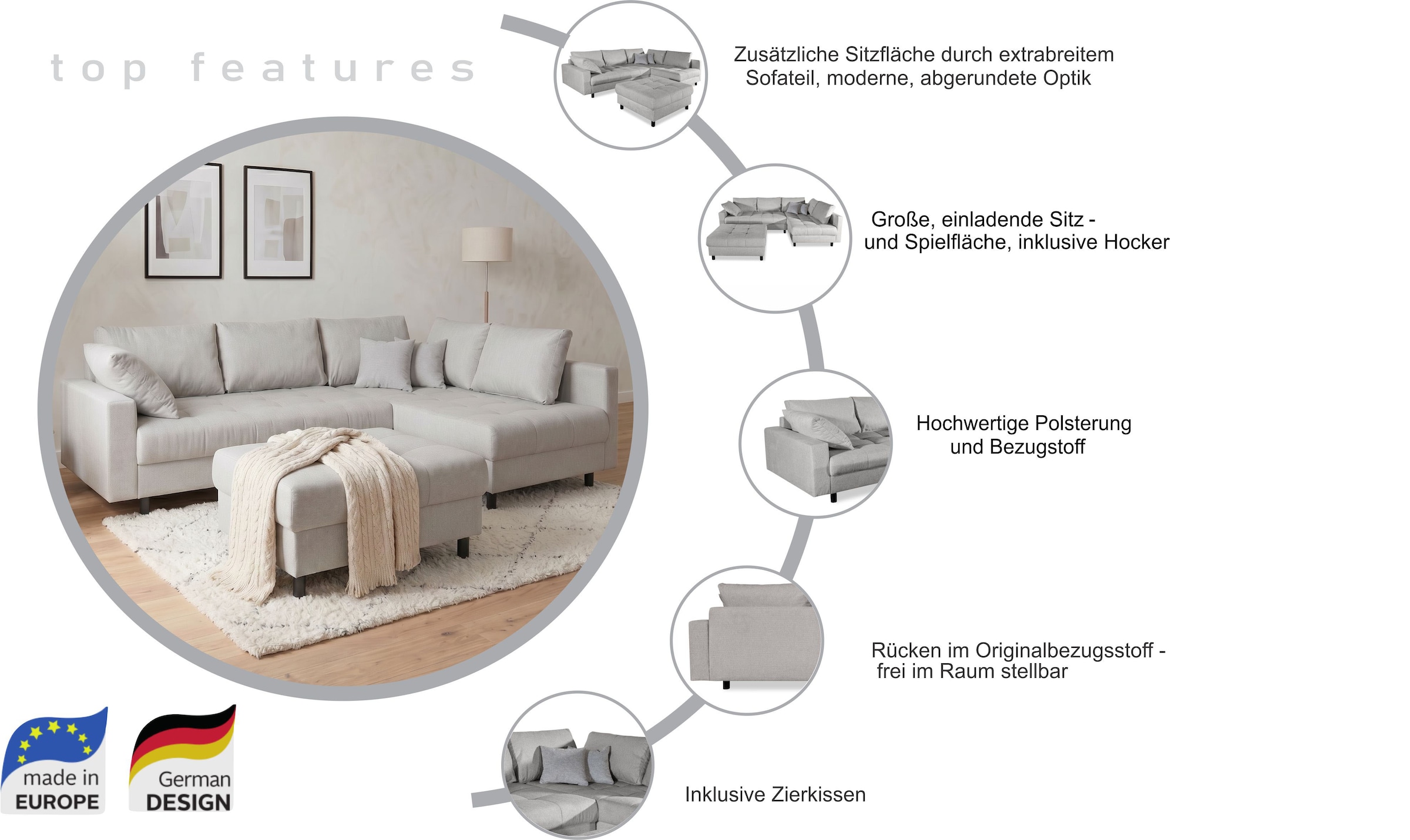 COLLECTION AB Ecksofa »Toni L-Form 274 cm« Set: Sofa & Hocker, 2 Zierkissen, Bonell-Federkern