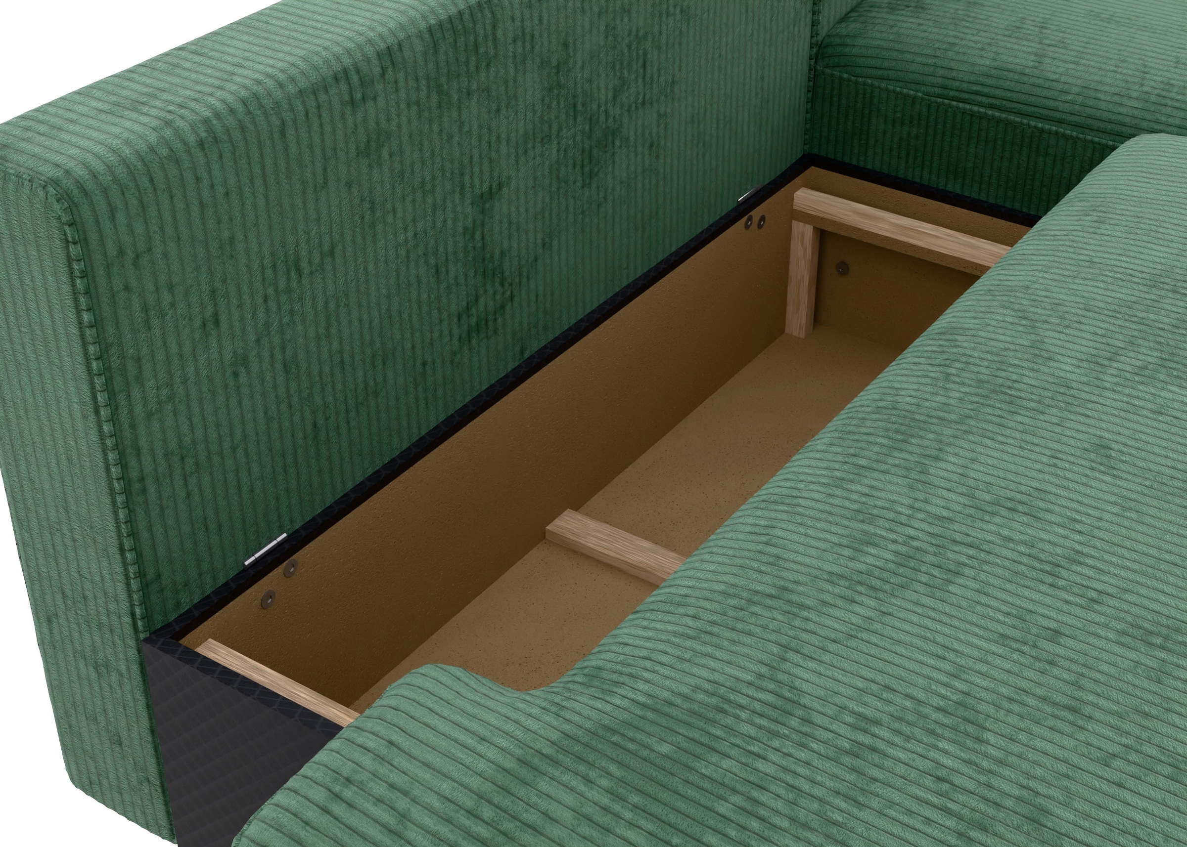 TRENDMANUFAKTUR Ecksofa »Fordon II, Schlafsofa mit Bettkasten, Couch in L-Form, Breite 250 cm«, in Cordstoff HYPER, dunkelgrün, Armlehne rechts