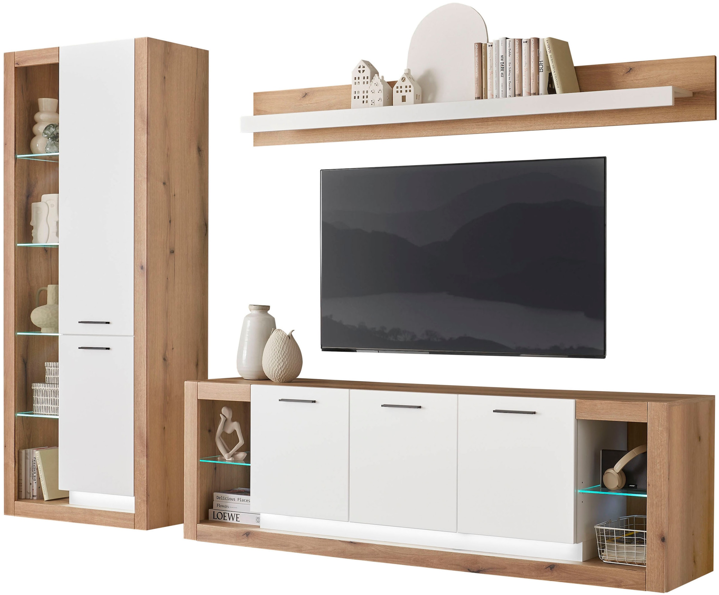 INOSIGN Wohnwand »Brixen, moderne Anbauwand, Wohnzimmer-Set, Eiche Evoke Dekor mit Weiß«, (Set, 3 St.), enthält Stauraumelement, Lowboard und Wandboard