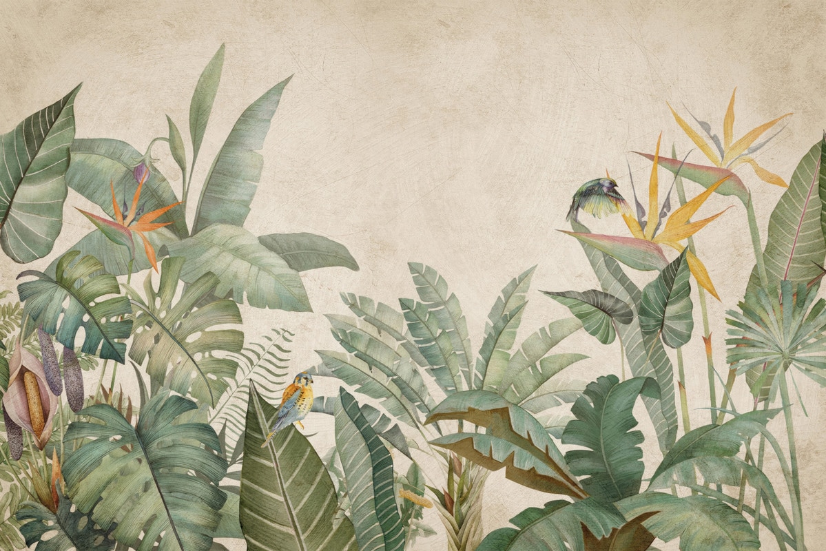 A.S. Création Vliestapete »Tropen-Tapete mit Blättern und Vögeln Grün Beige« matt glatt