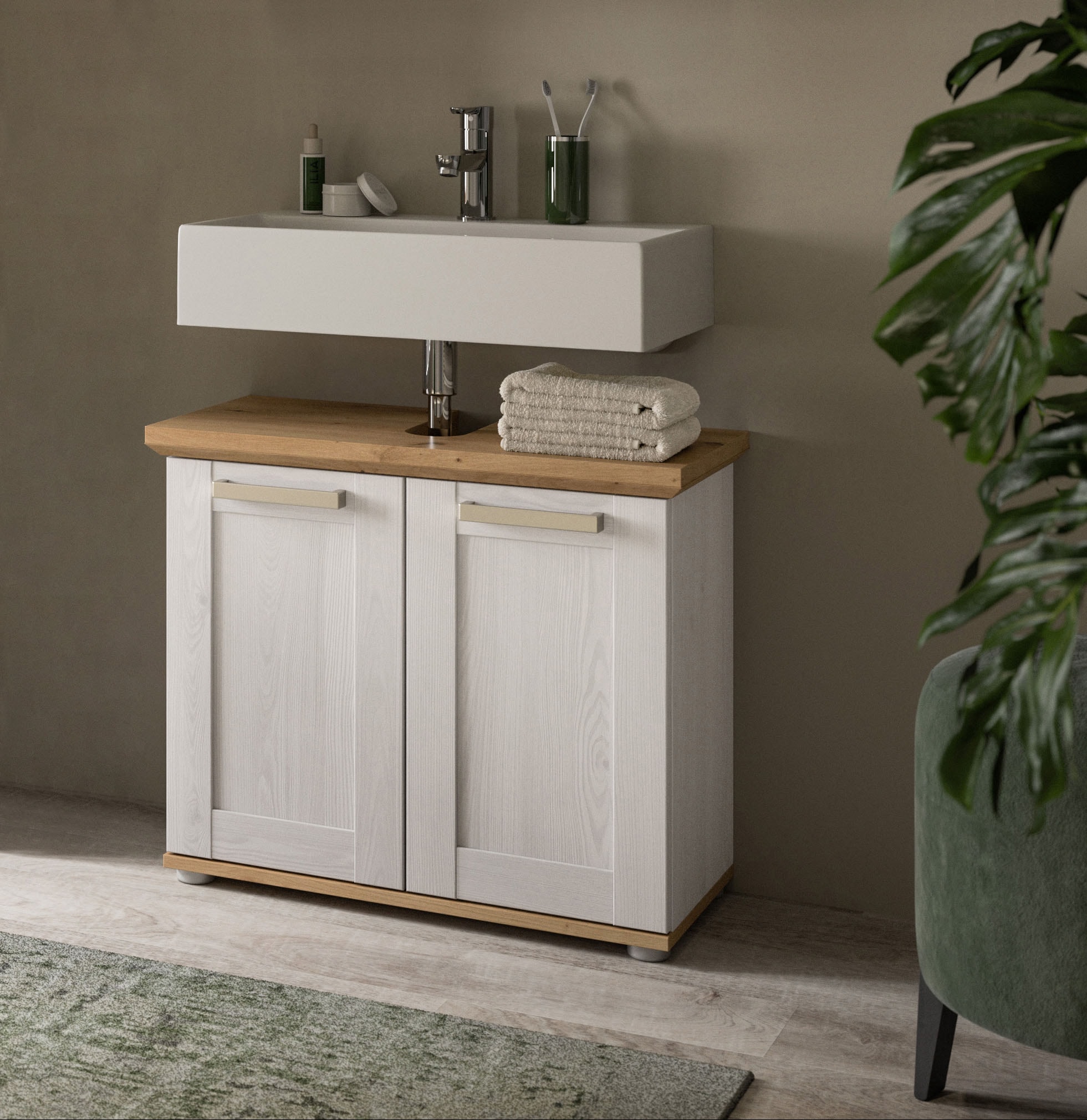 welltime Waschbeckenunterschrank »COSENZA, Breite 69cm, 2 Türen, 1 Einlegeboden, mit Siphonausschnitt« in Landhausoptik, mit weiteren Artikel der Serie kombinierbar, 1 Stk. tlg. Waschbeckenunterschrank, WBU, Bad, Badezimmer