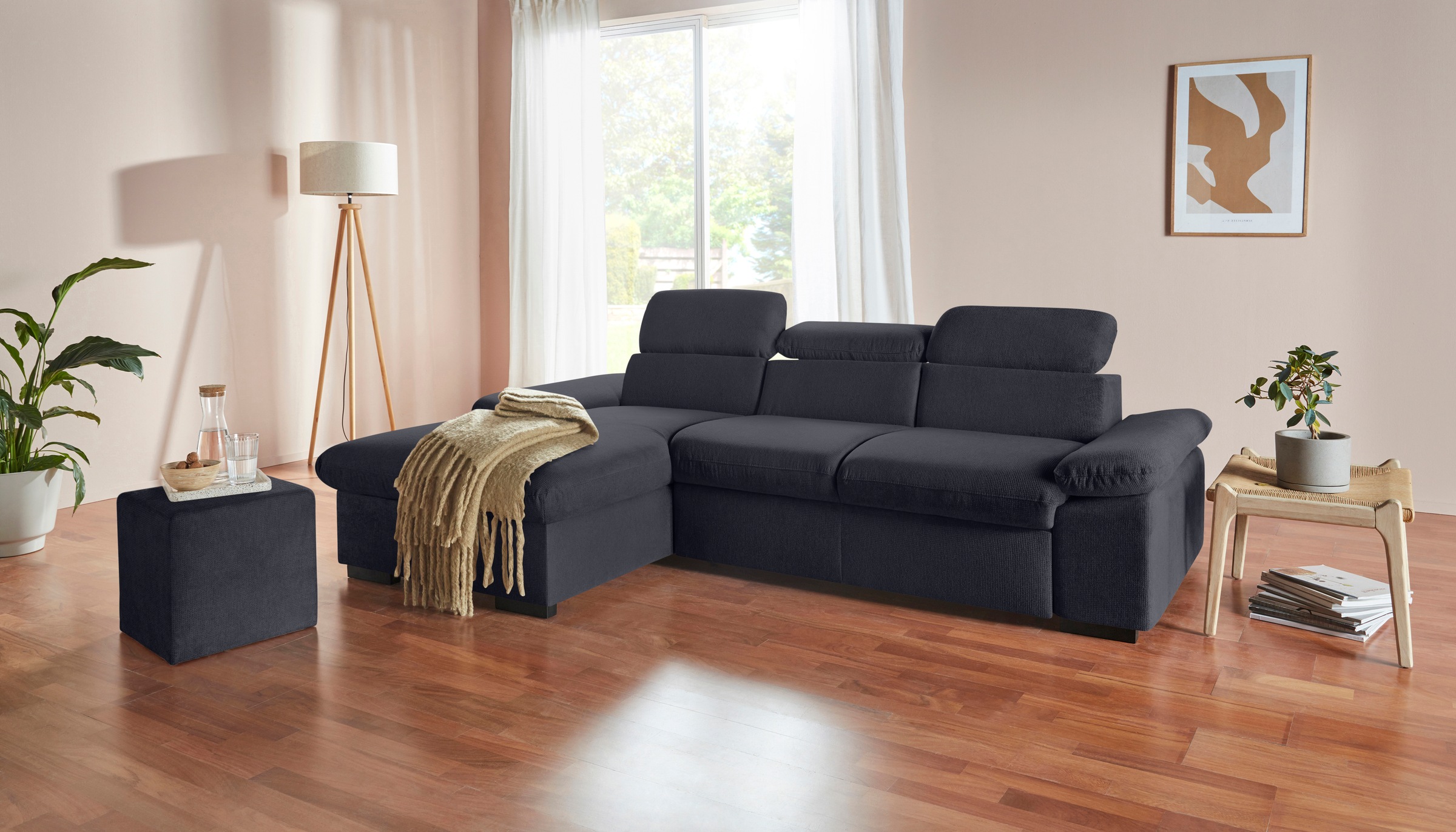 COTTA Ecksofa »Lola L-Form mit Kopfteilfunktion & Hocker«, (Set, mit Hocker), wahlweise mit Bettfunktion, Bettkasten & Armteilverstellung