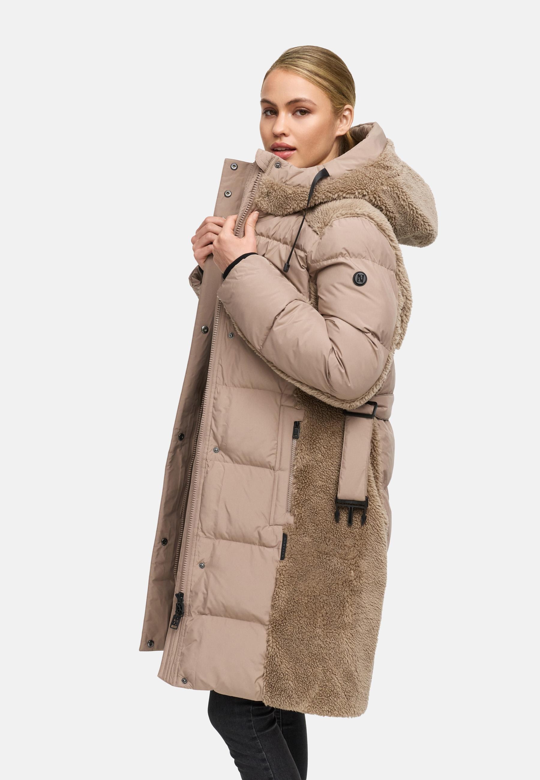 Navahoo Wintermantel »Funkelteddy 14«, warmer Mantel mit Teddyplüsch-Akzenten und Taillengürtel
