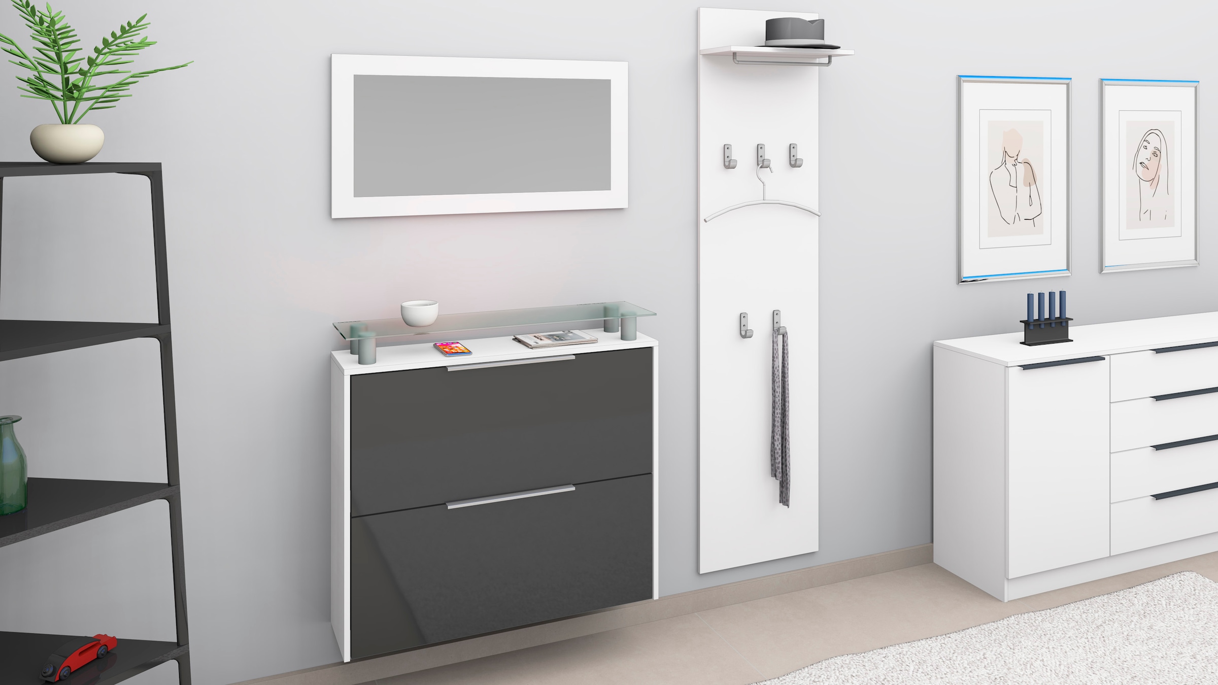 Garderoben-Set BORCHARDT MÖBEL, weiß, Flur, Kastenmöbel-Sets, "Rena 2, (3-tlg.)", mit Glasablage