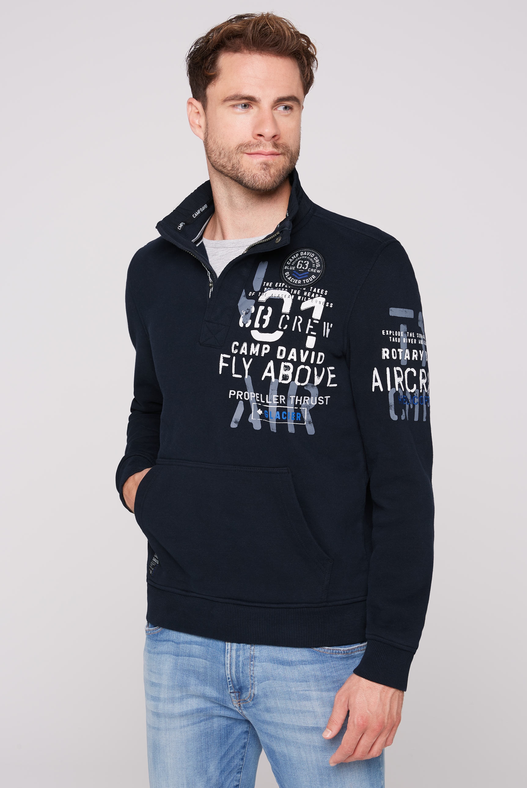 Sweatshirt, Troyer mit Känguru-Tasche und Prints