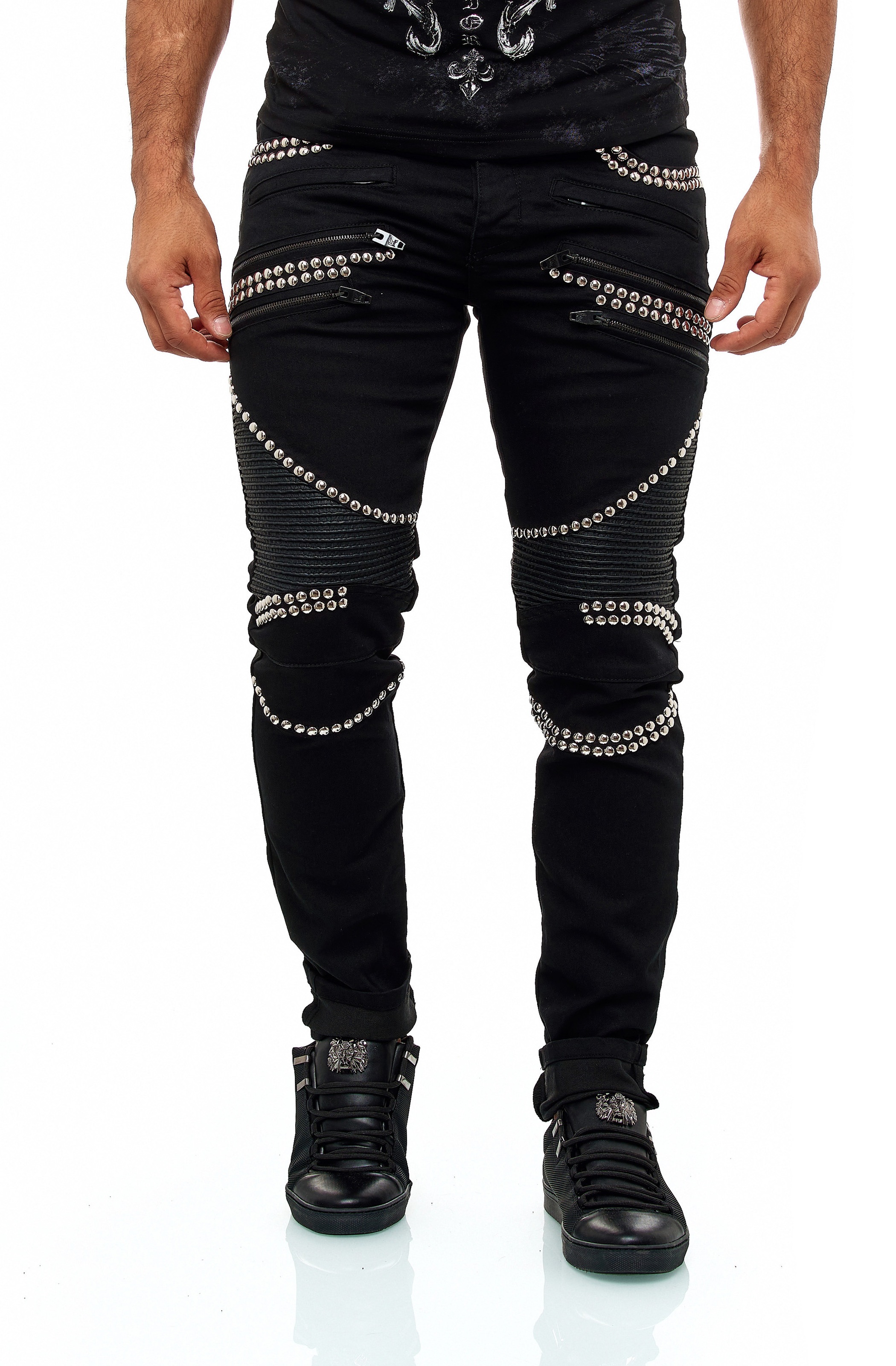 KINGZ Slim-fit-Jeans, im Patchwork Biker-Stil