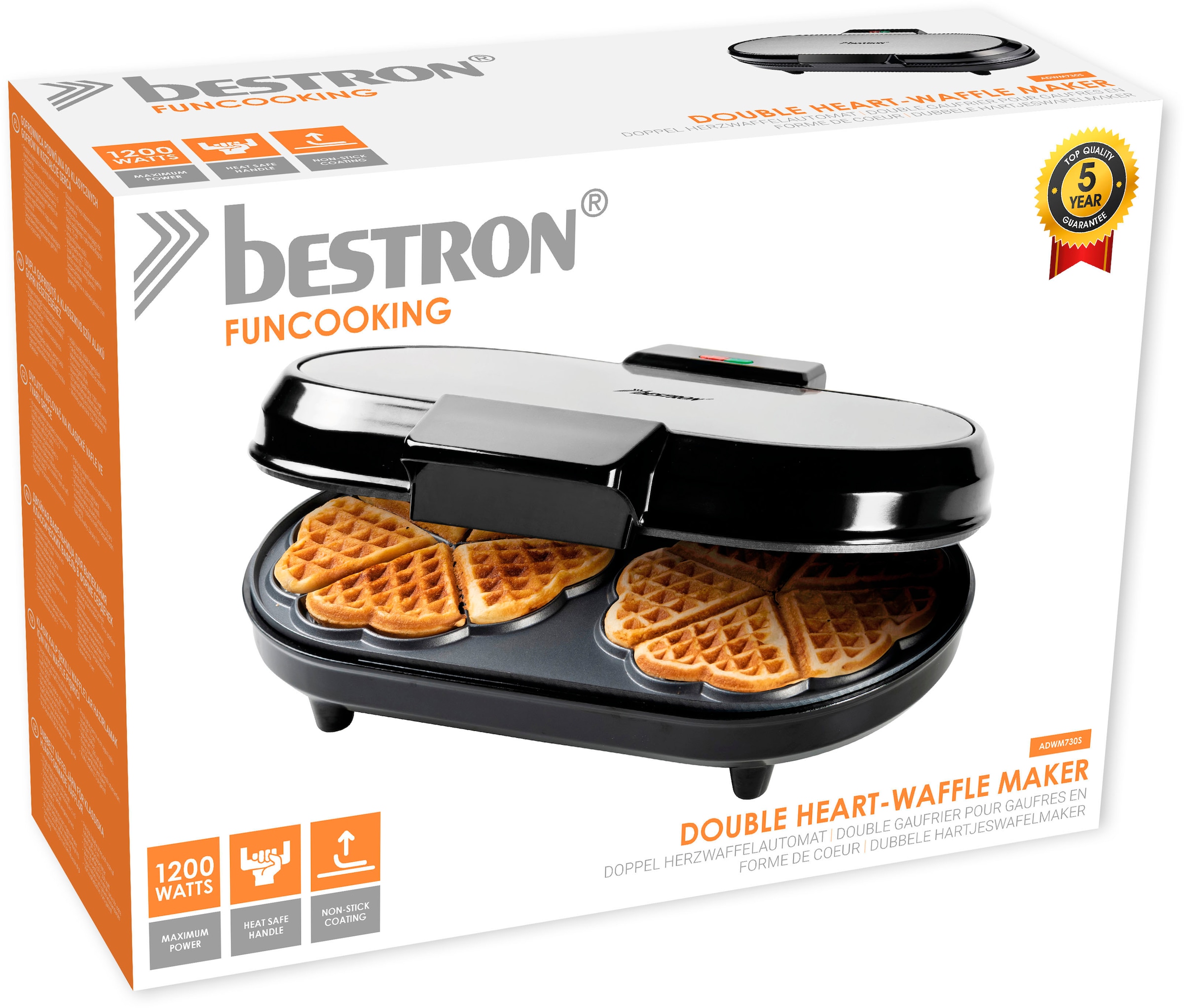 bestron 2-in-1-Kombi-Waffeleisen »ADWM730S«, 1200 W, Doppelwaffeleisen für Herzwaffeln, Backampel & Antihaftbeschichtung