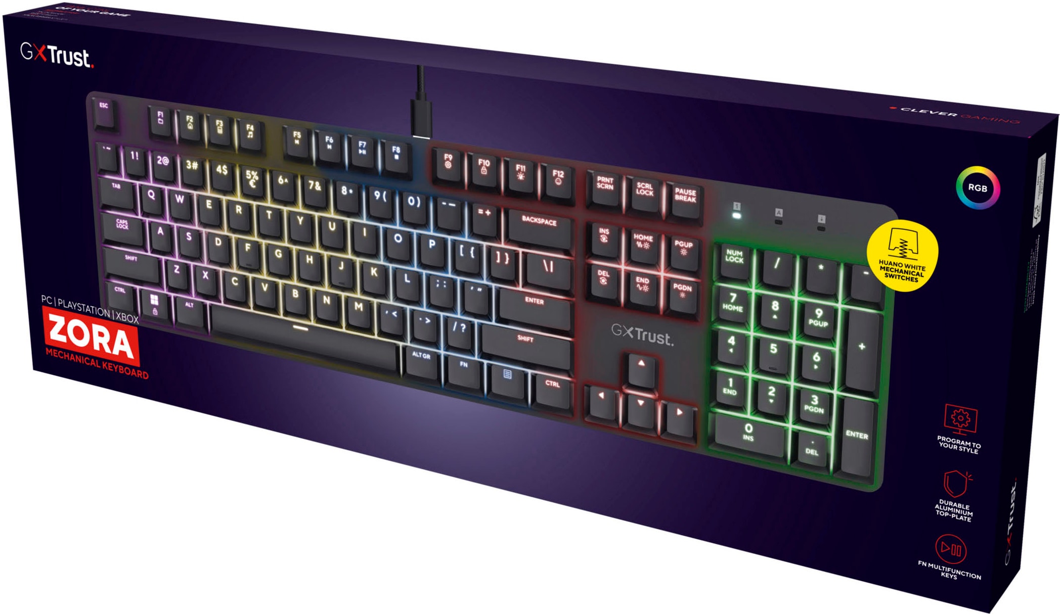 Trust Gaming-Tastatur »GXT 871 Zora«, (Anpassbare Höhe-Ziffernblock-Fn-Tasten-USB-Anschluss)
